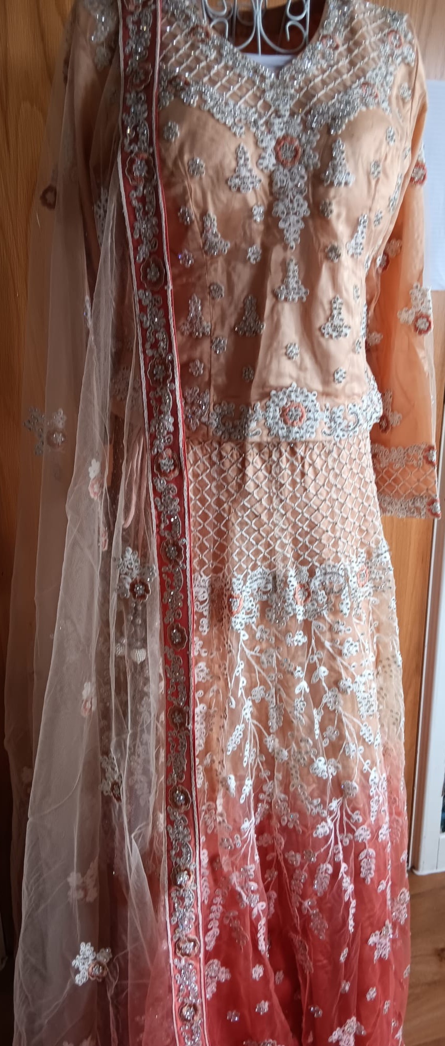 Peach Ombre Lehenga Set with Silver Embroidery - Image 6