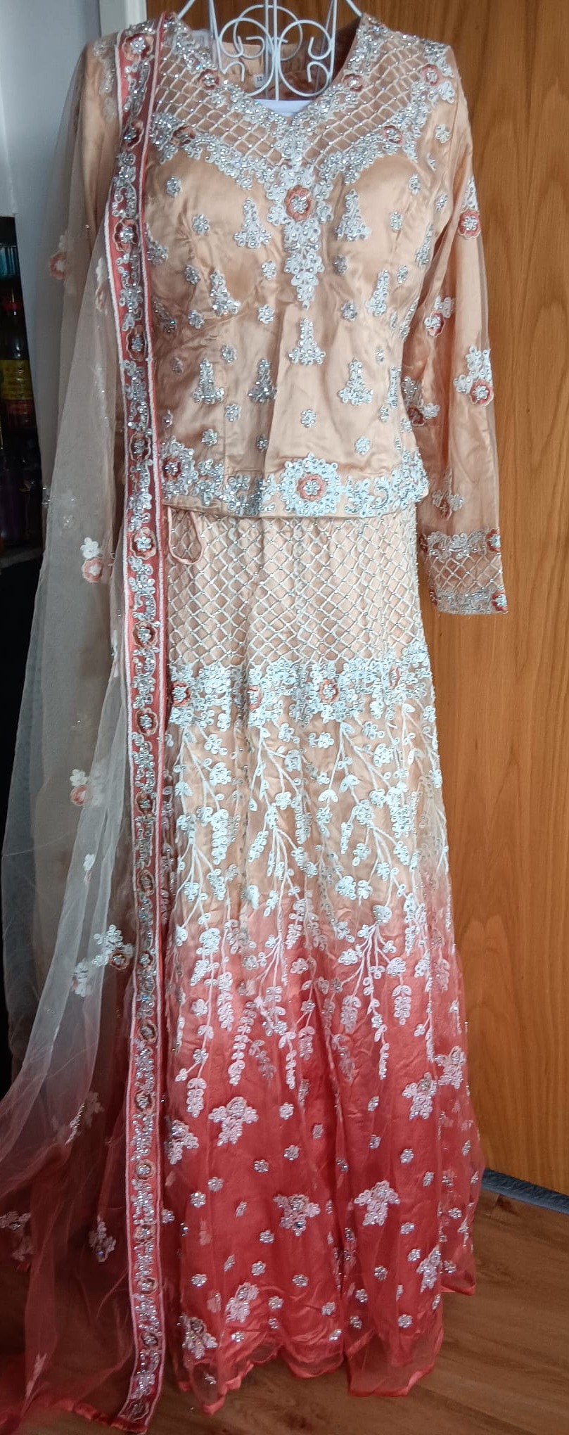 Peach Ombre Lehenga Set with Silver Embroidery - Image 3