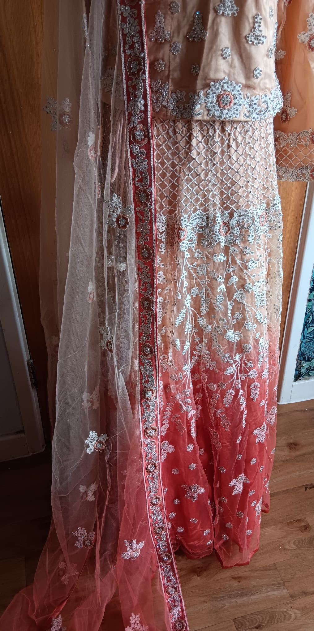 Peach Ombre Lehenga Set with Silver Embroidery - Image 8