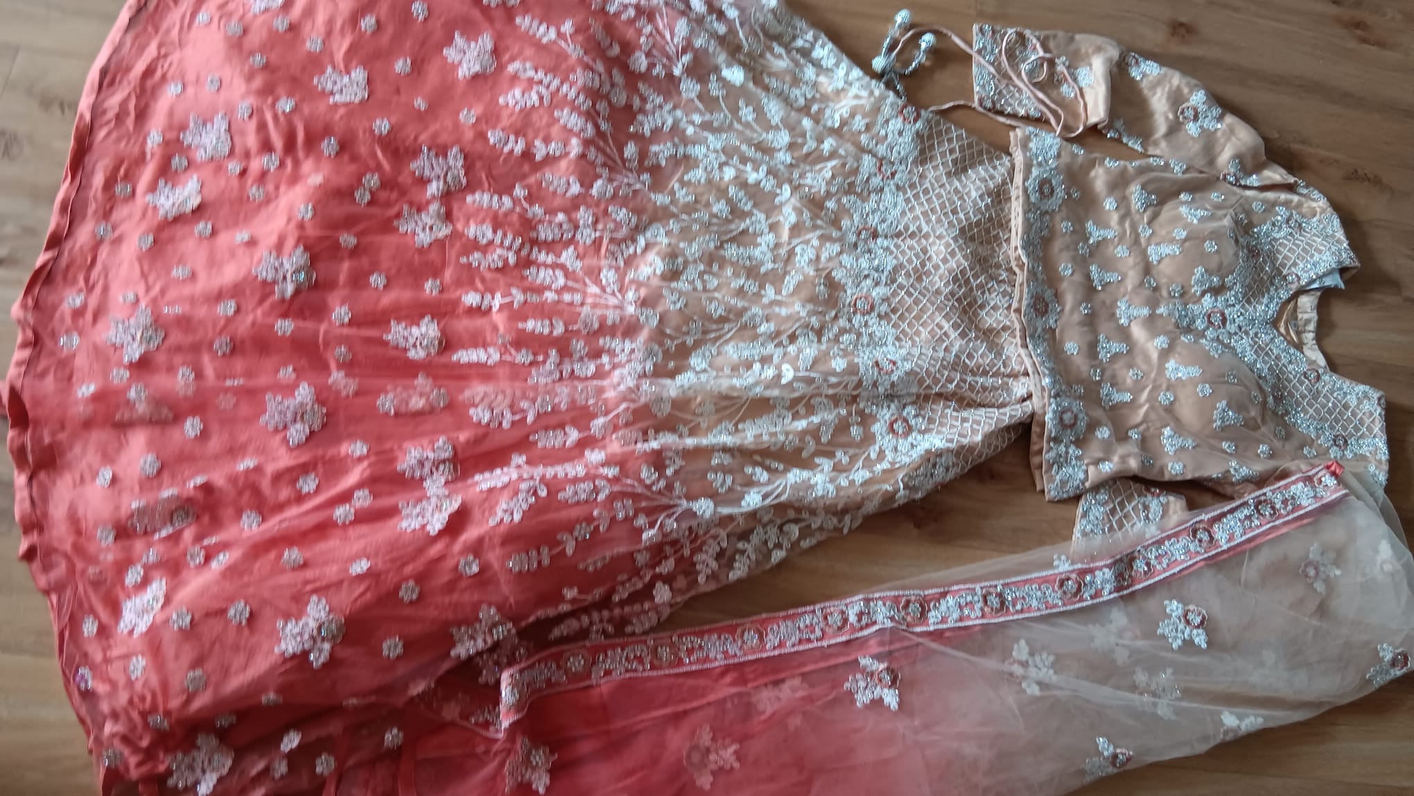 Peach Ombre Lehenga Set with Silver Embroidery - Image 11