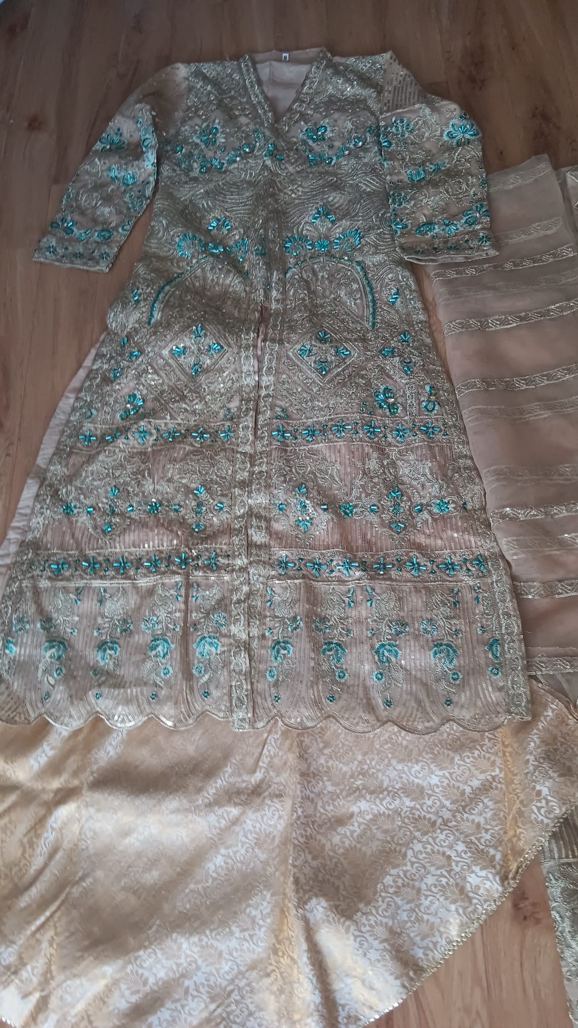 Designer Gold & Turquoise Embellished Front Open Jacket Wide Leg Trouser Suit 3 Piece - Image 5