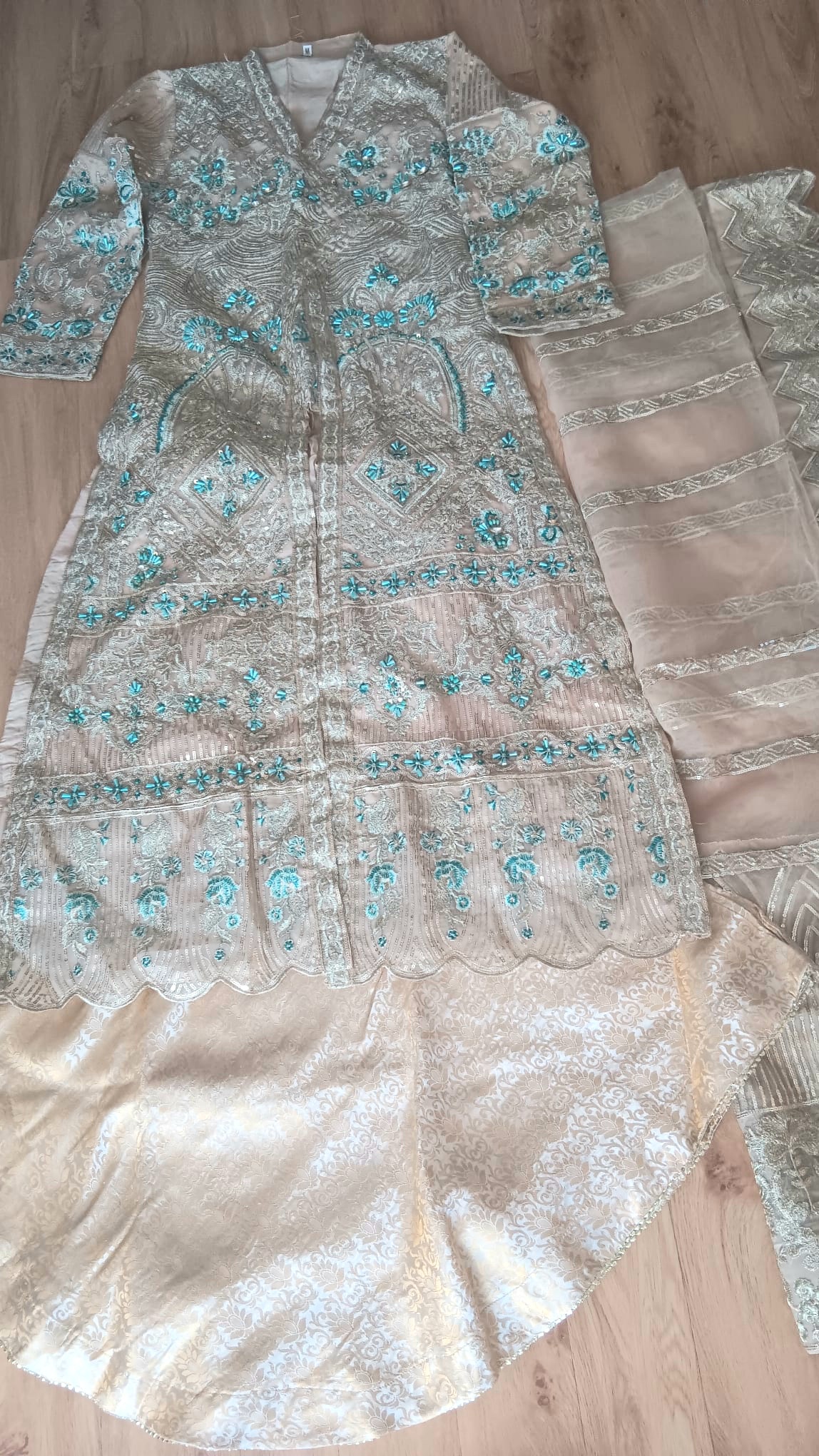 Designer Gold & Turquoise Embellished Front Open Jacket Wide Leg Trouser Suit 3 Piece - Image 18