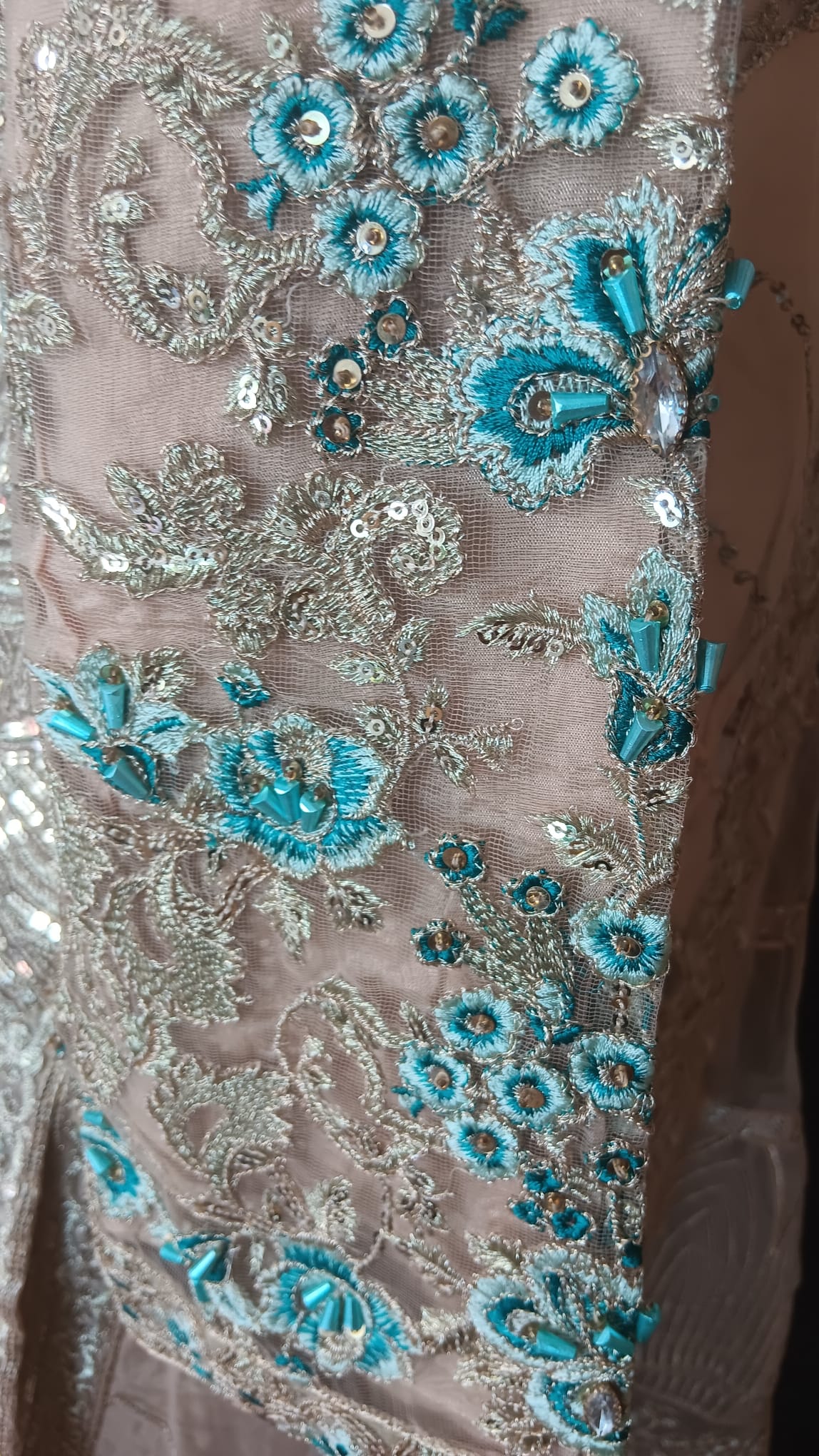 Designer Gold & Turquoise Embellished Front Open Jacket Wide Leg Trouser Suit 3 Piece - Image 6