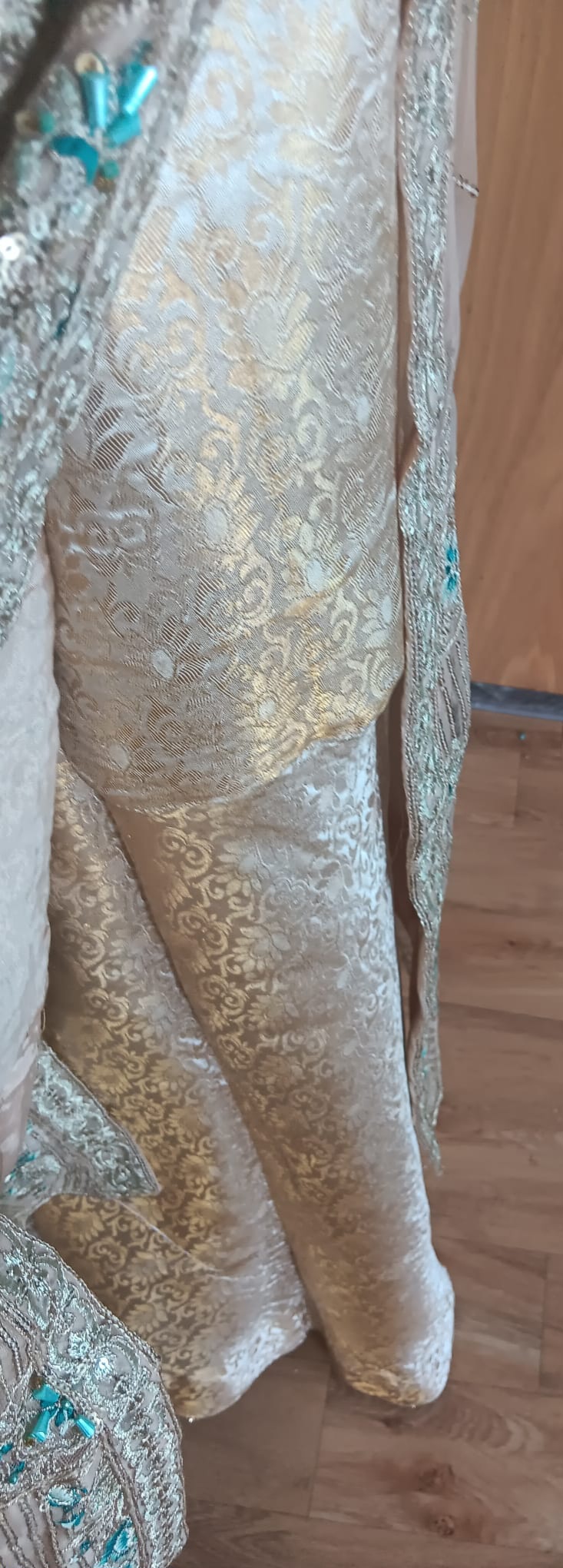 Designer Gold & Turquoise Embellished Front Open Jacket Wide Leg Trouser Suit 3 Piece - Image 14