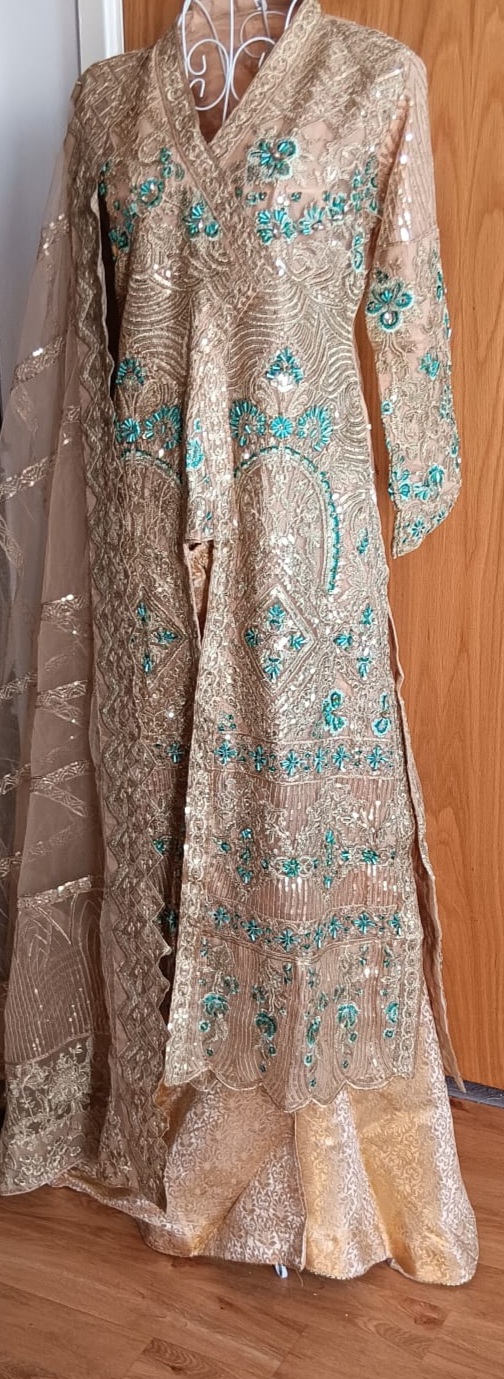 Designer Gold & Turquoise Embellished Front Open Jacket Wide Leg Trouser Suit 3 Piece - Image 2