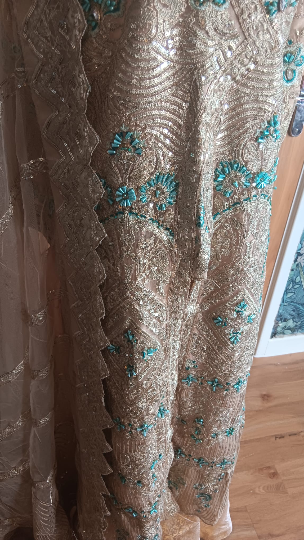 Designer Gold & Turquoise Embellished Front Open Jacket Wide Leg Trouser Suit 3 Piece - Image 16