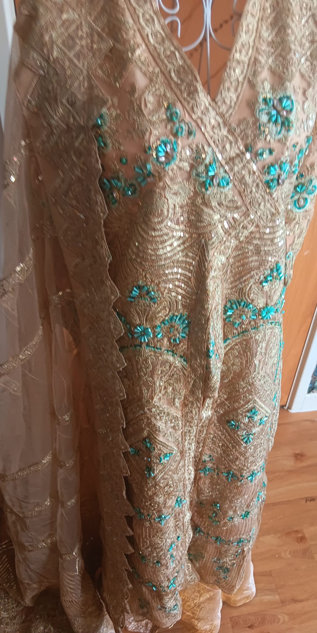 Designer Gold & Turquoise Embellished Front Open Jacket Wide Leg Trouser Suit 3 Piece