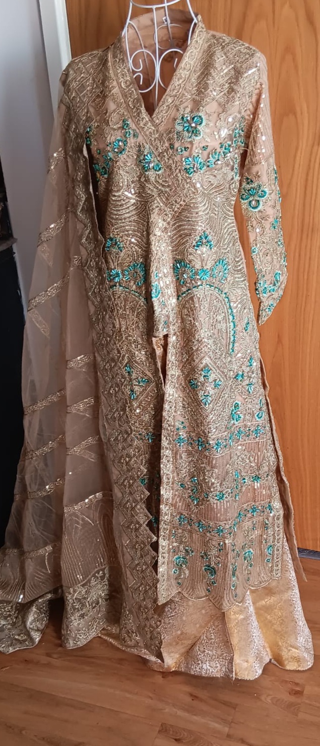 Designer Gold & Turquoise Embellished Front Open Jacket Wide Leg Trouser Suit 3 Piece - Image 13