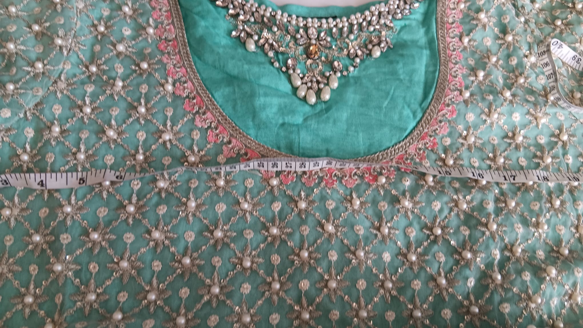 Mint Green & Pink Pearl Embellished Anarkali Suit Set 3 Piece - Image 6