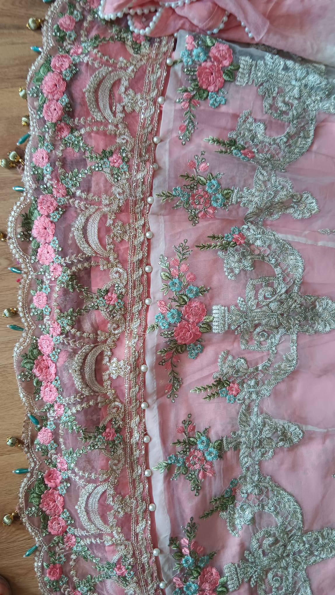 Mint Green & Pink Pearl Embellished Anarkali Suit Set 3 Piece - Image 10
