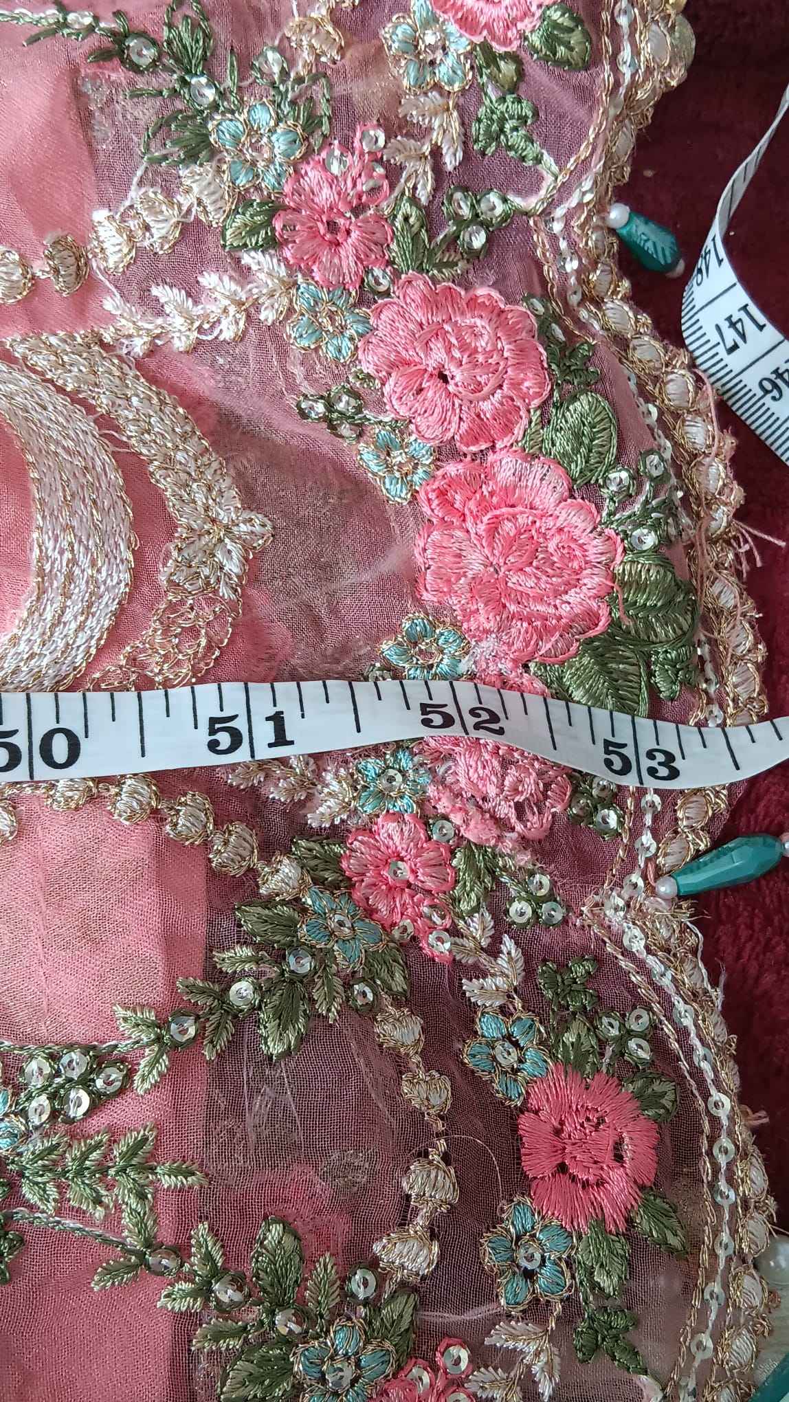 Mint Green & Pink Pearl Embellished Anarkali Suit Set 3 Piece - Image 7