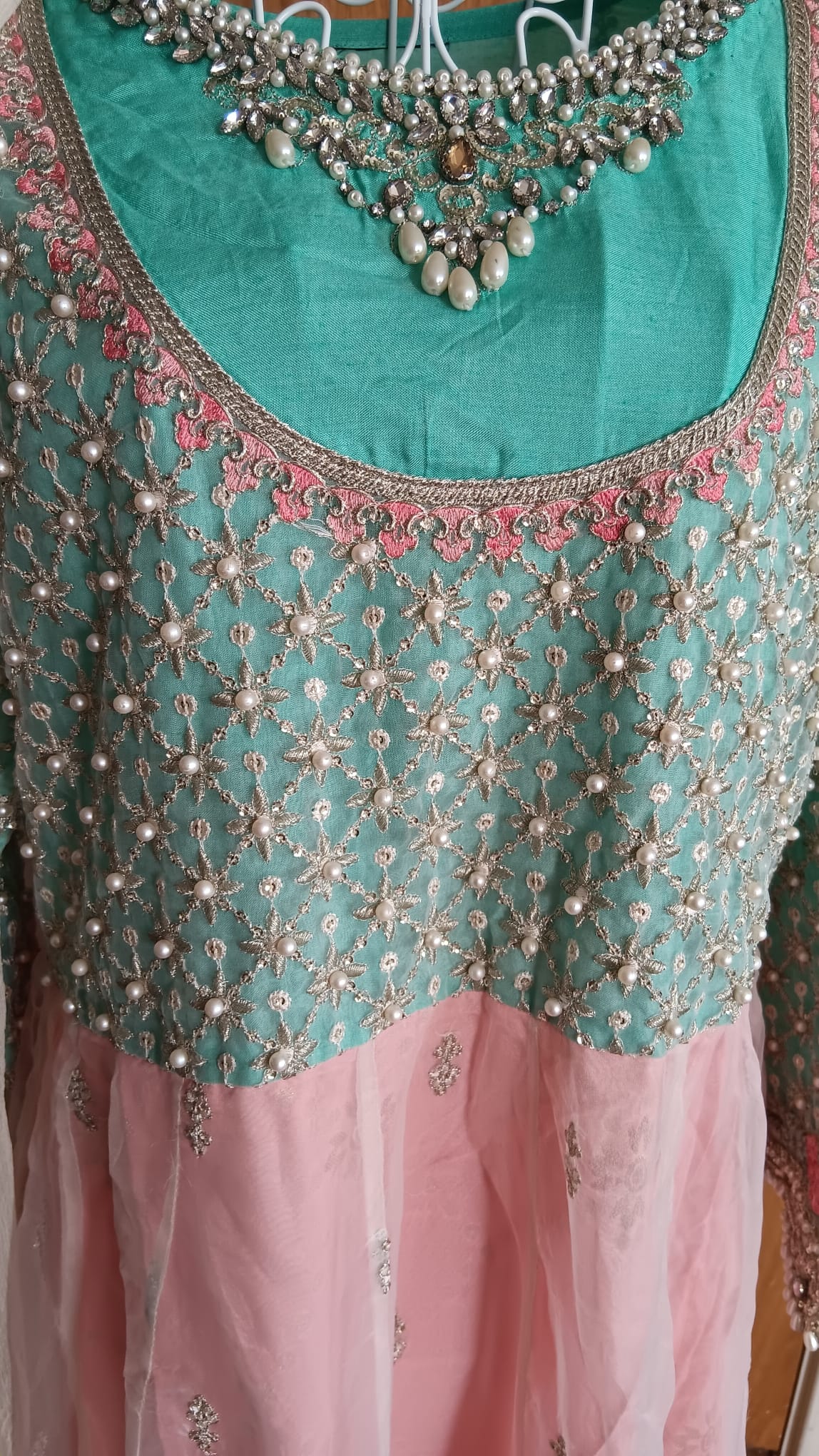 Mint Green & Pink Pearl Embellished Anarkali Suit Set 3 Piece - Image 5
