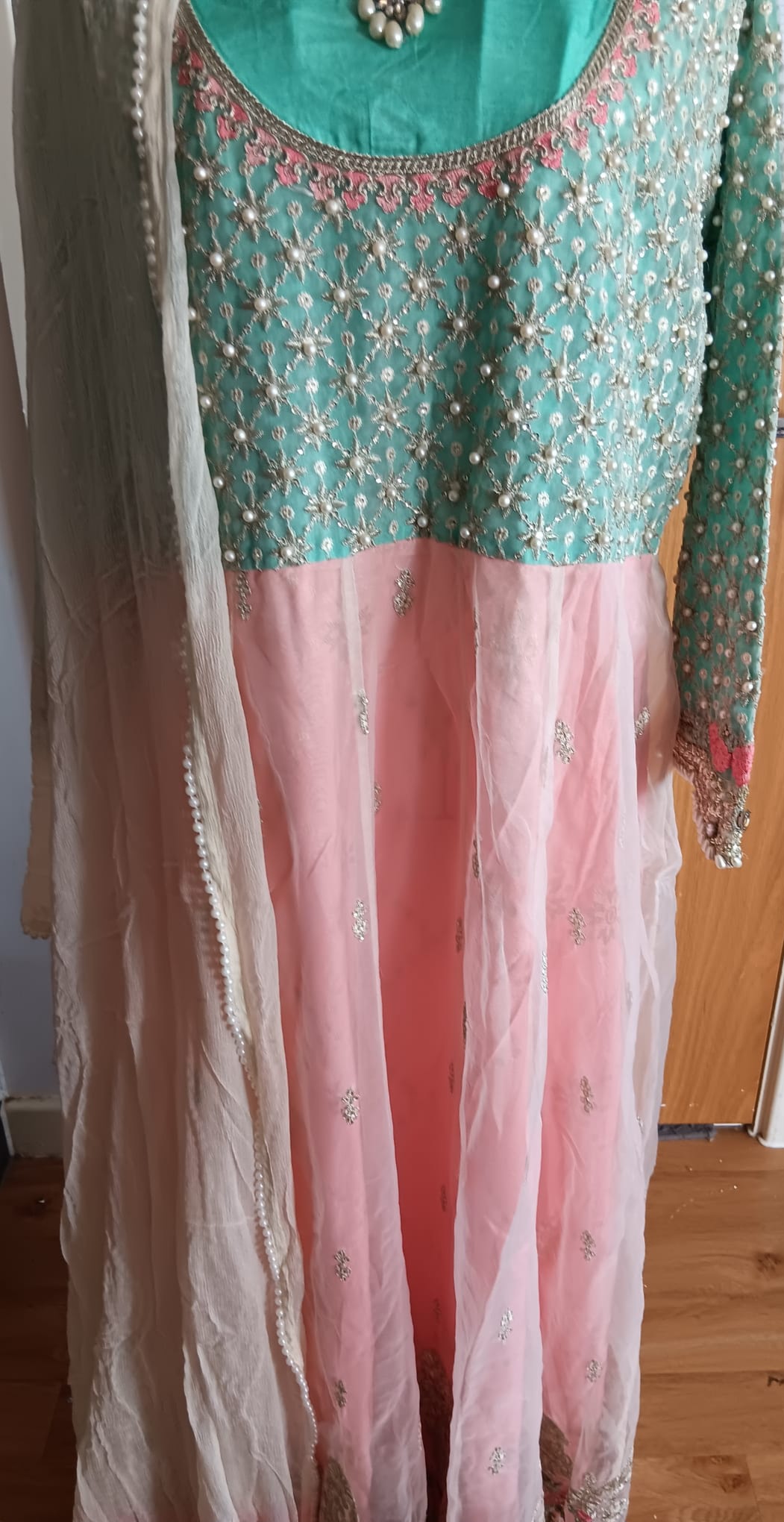 Mint Green & Pink Pearl Embellished Anarkali Suit Set 3 Piece - Image 4