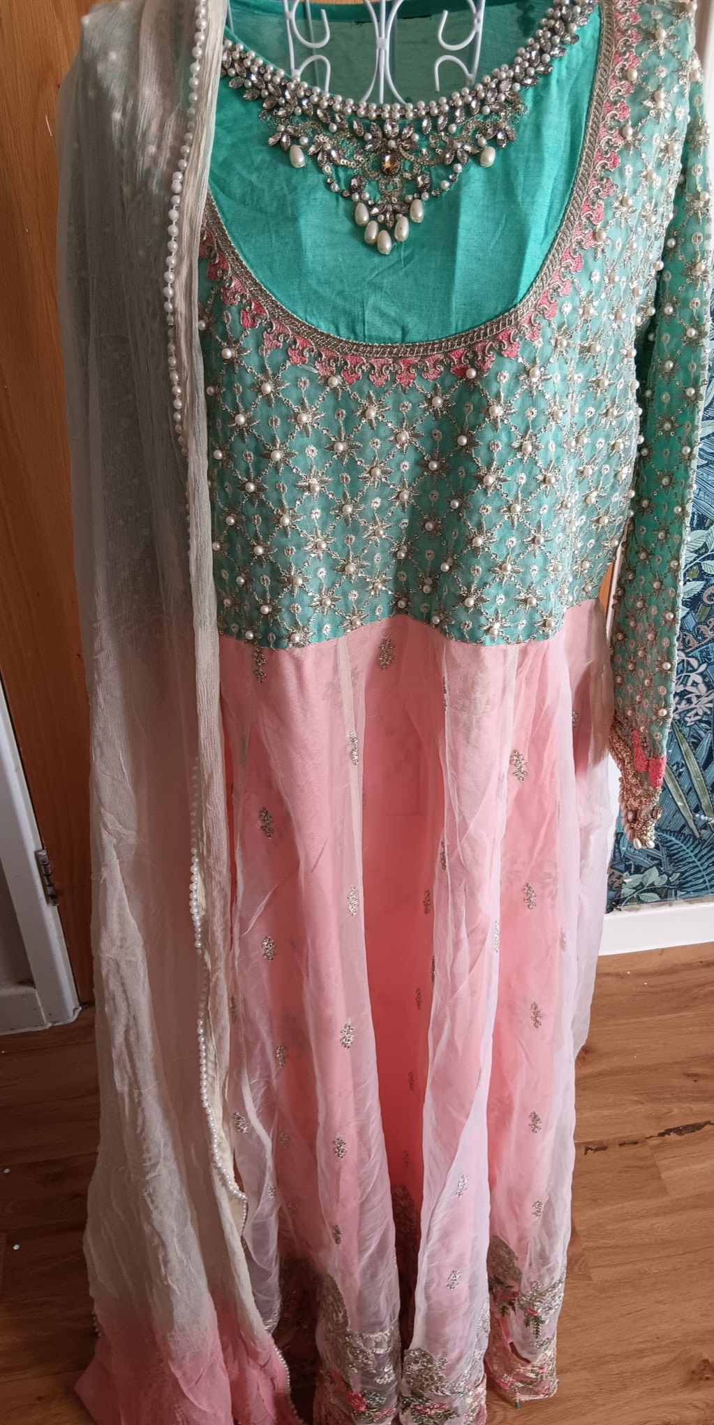 Mint Green & Pink Pearl Embellished Anarkali Suit Set 3 Piece