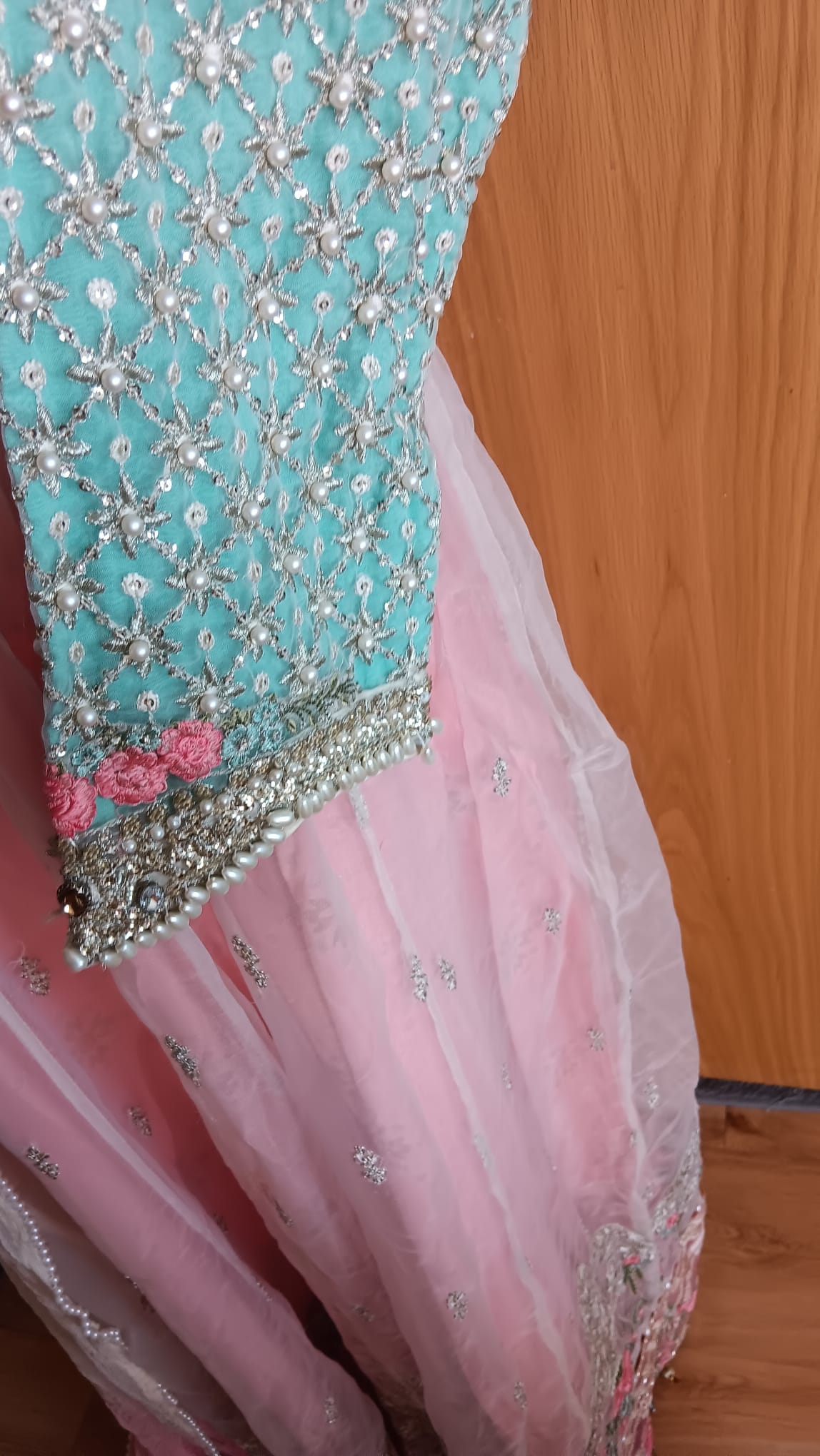Mint Green & Pink Pearl Embellished Anarkali Suit Set 3 Piece - Image 3