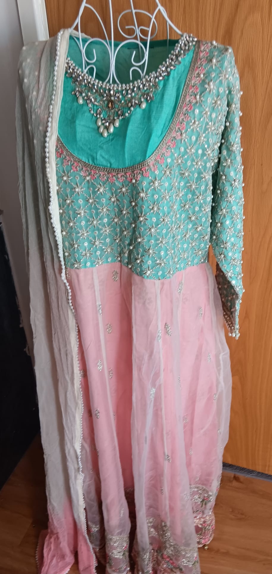 Mint Green & Pink Pearl Embellished Anarkali Suit Set 3 Piece - Image 8