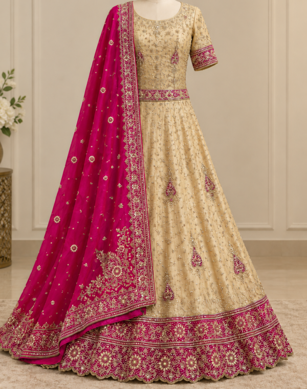 Beautiful Beige & Pink Embroidered lengha