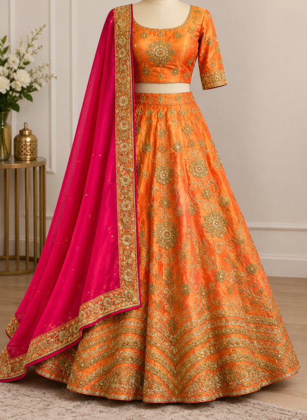 Brand New - Beautiful Orange & Pink Embroidered Lehenga