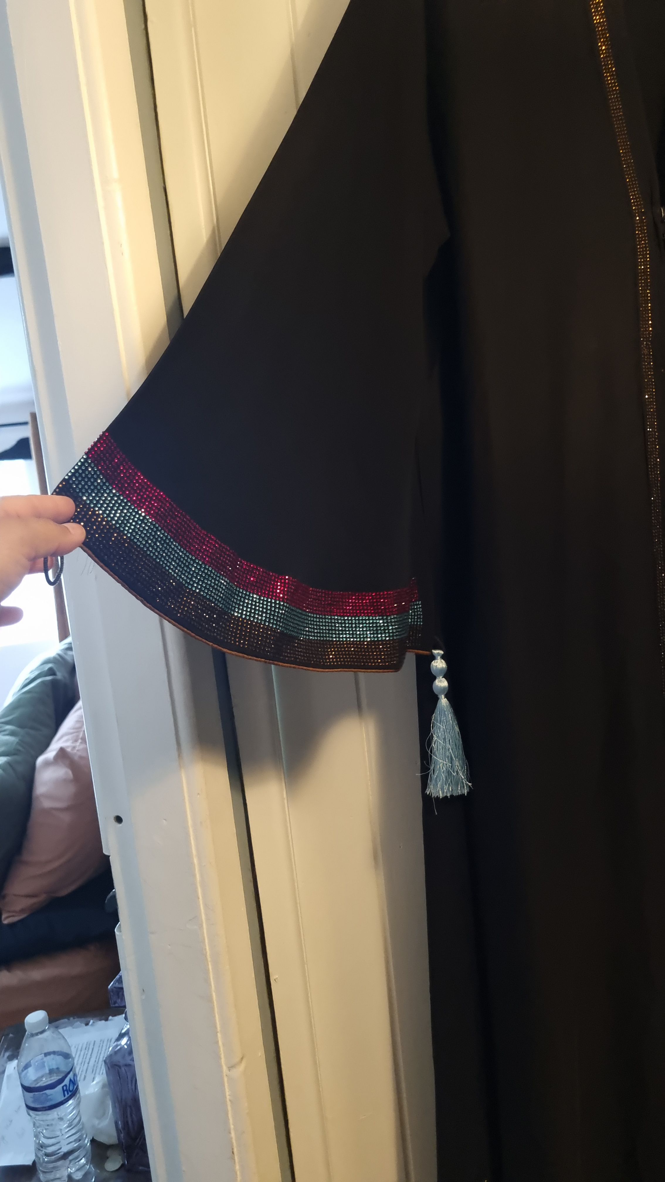 Black Abaya with 3 stripes, Sleeve Trim and Tassels