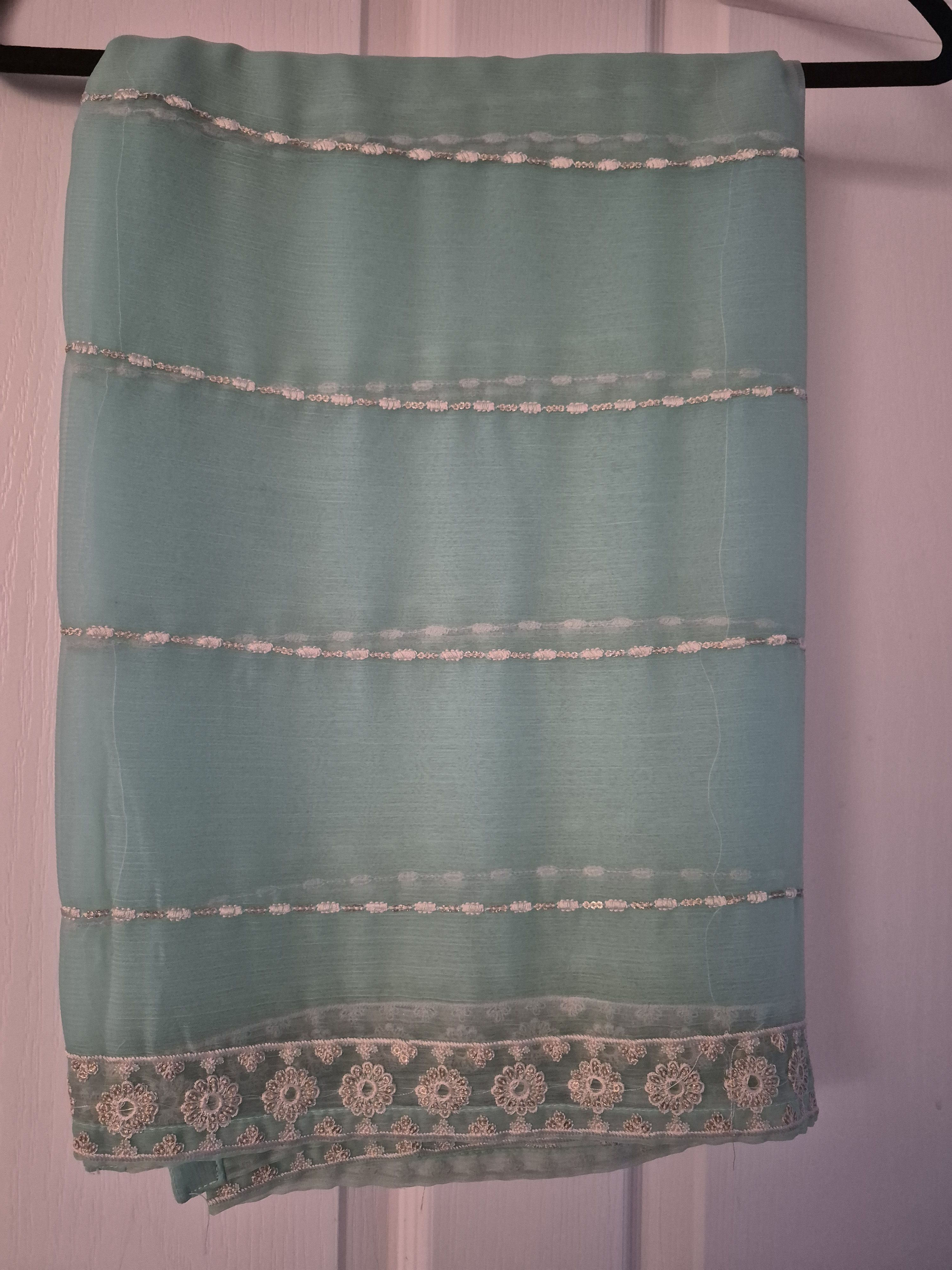 Mint Kurti and dupatta with White and gold Floral Embroidery - Image 5