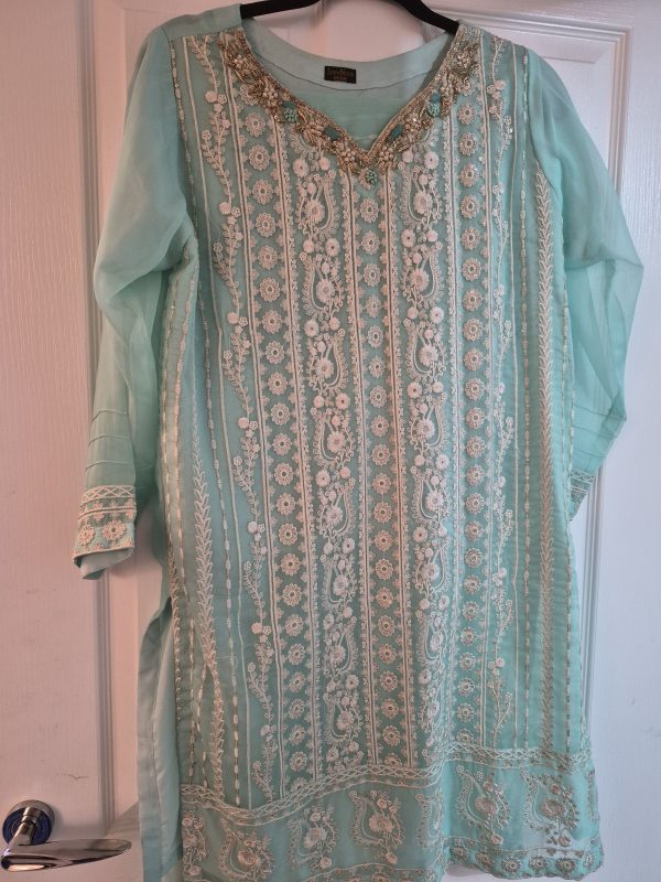Mint Kurti and dupatta with White and gold Floral Embroidery