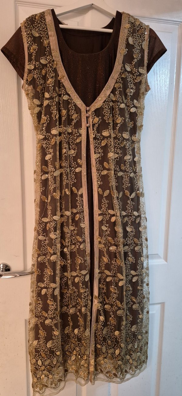 Brown long dress with Gold Floral Embroidery jacket