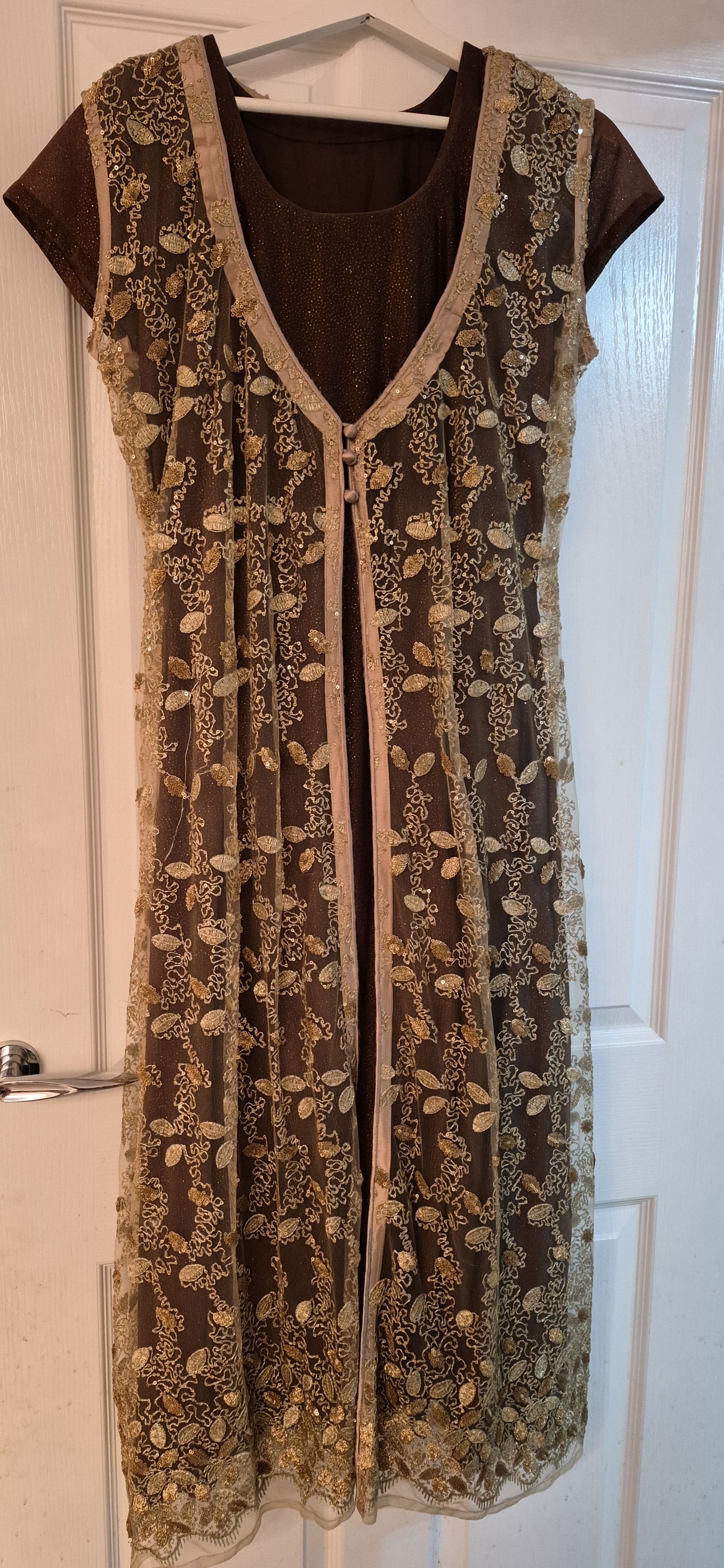 Brown long dress with Gold Floral Embroidery jacket