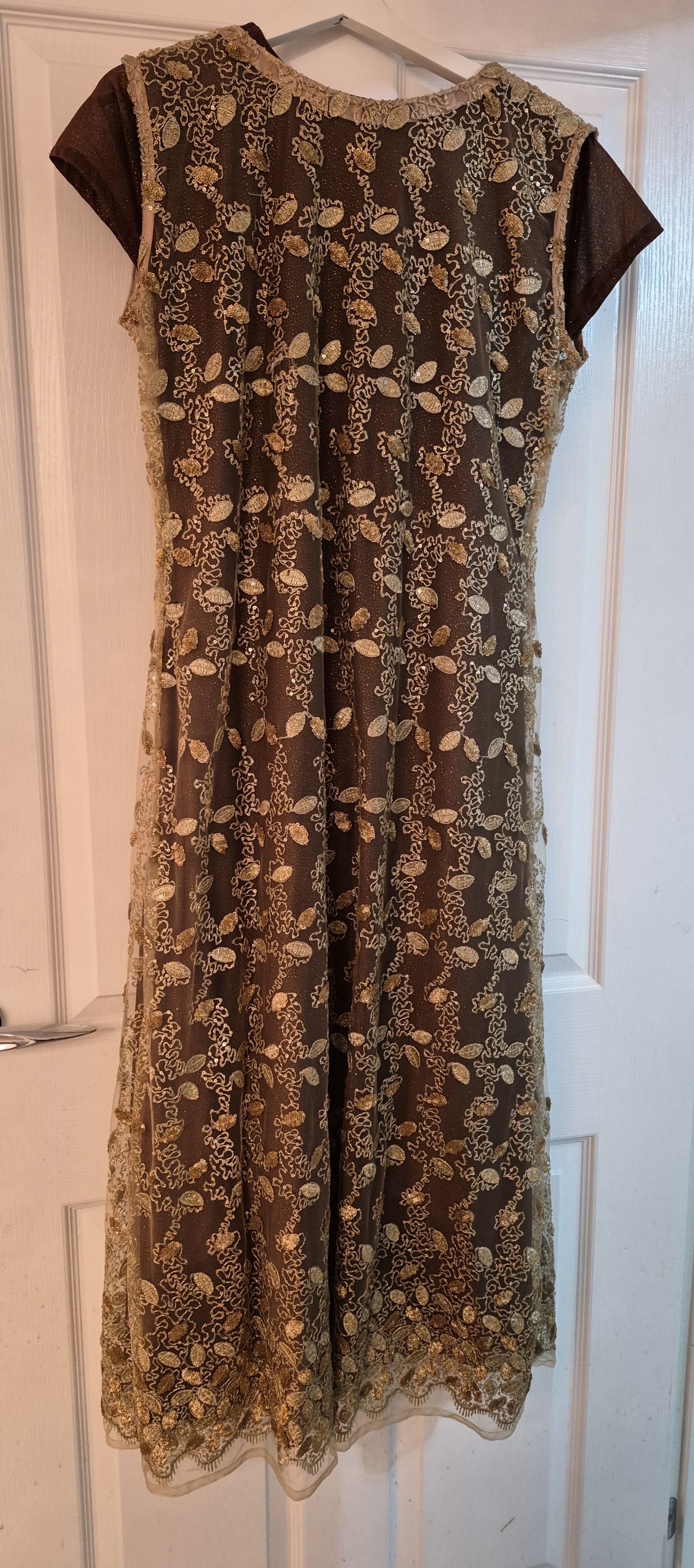 Brown long dress with Gold Floral Embroidery jacket - Image 2