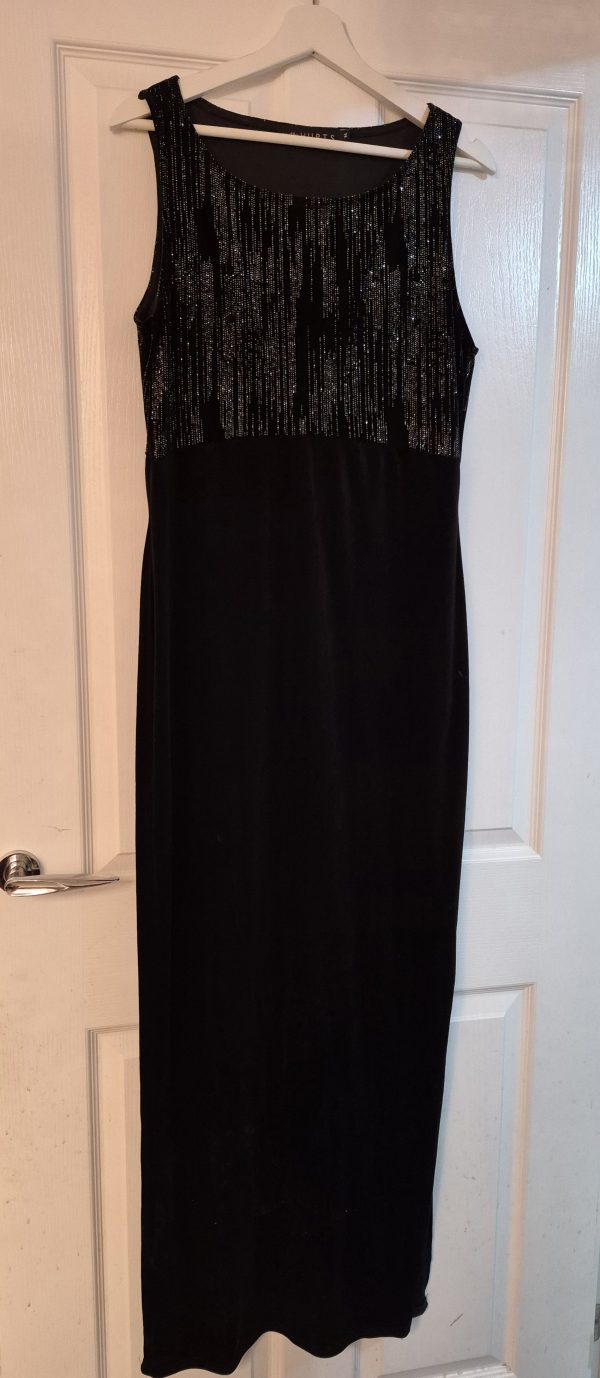 Black velvet sleeveless party gown with embellished bodice