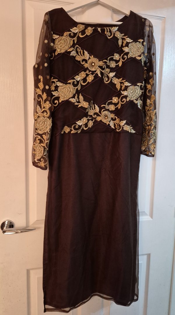 Brown Anarkali Dress with Gold Floral Embroidery