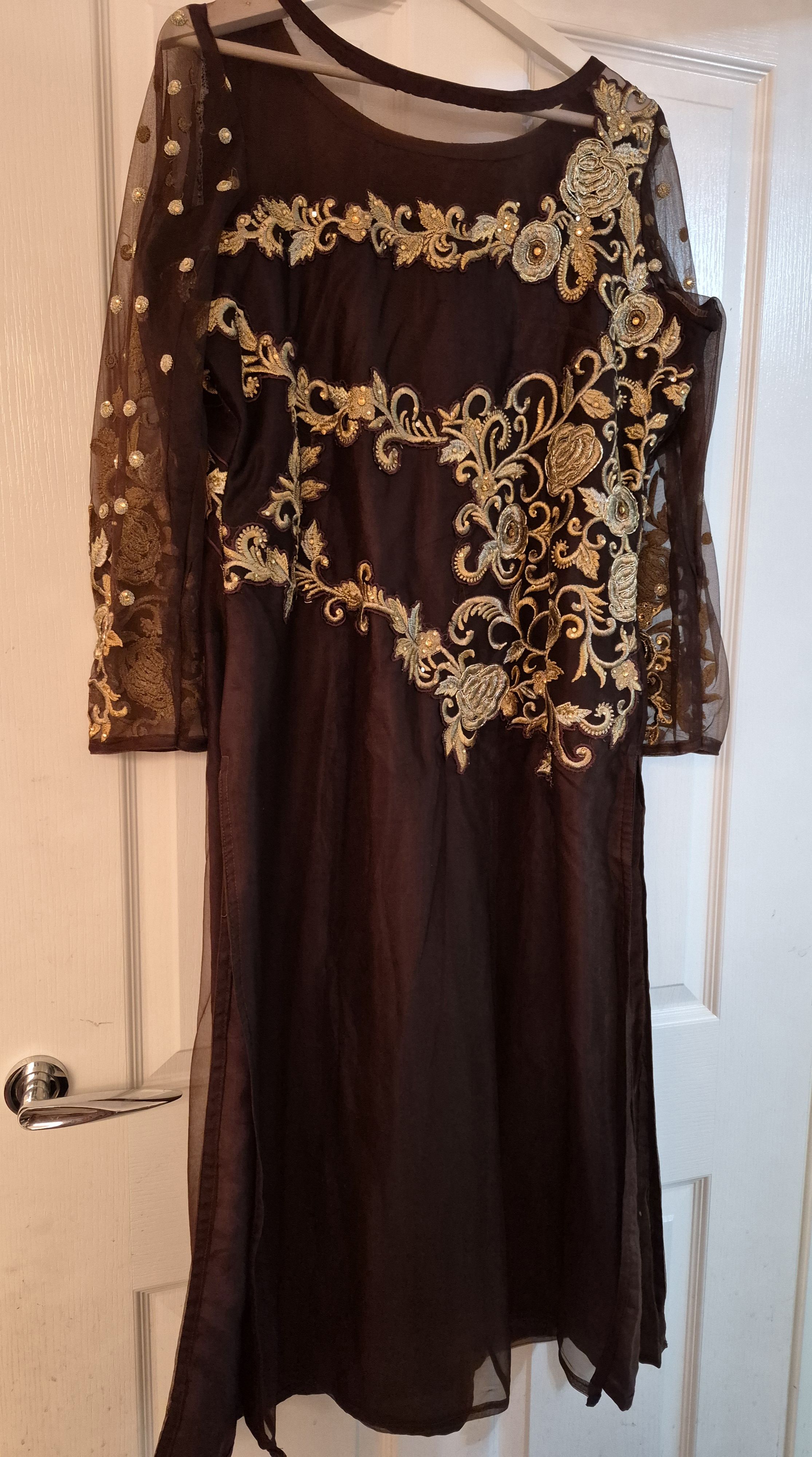 Brown Anarkali Dress with Gold Floral Embroidery - Image 3