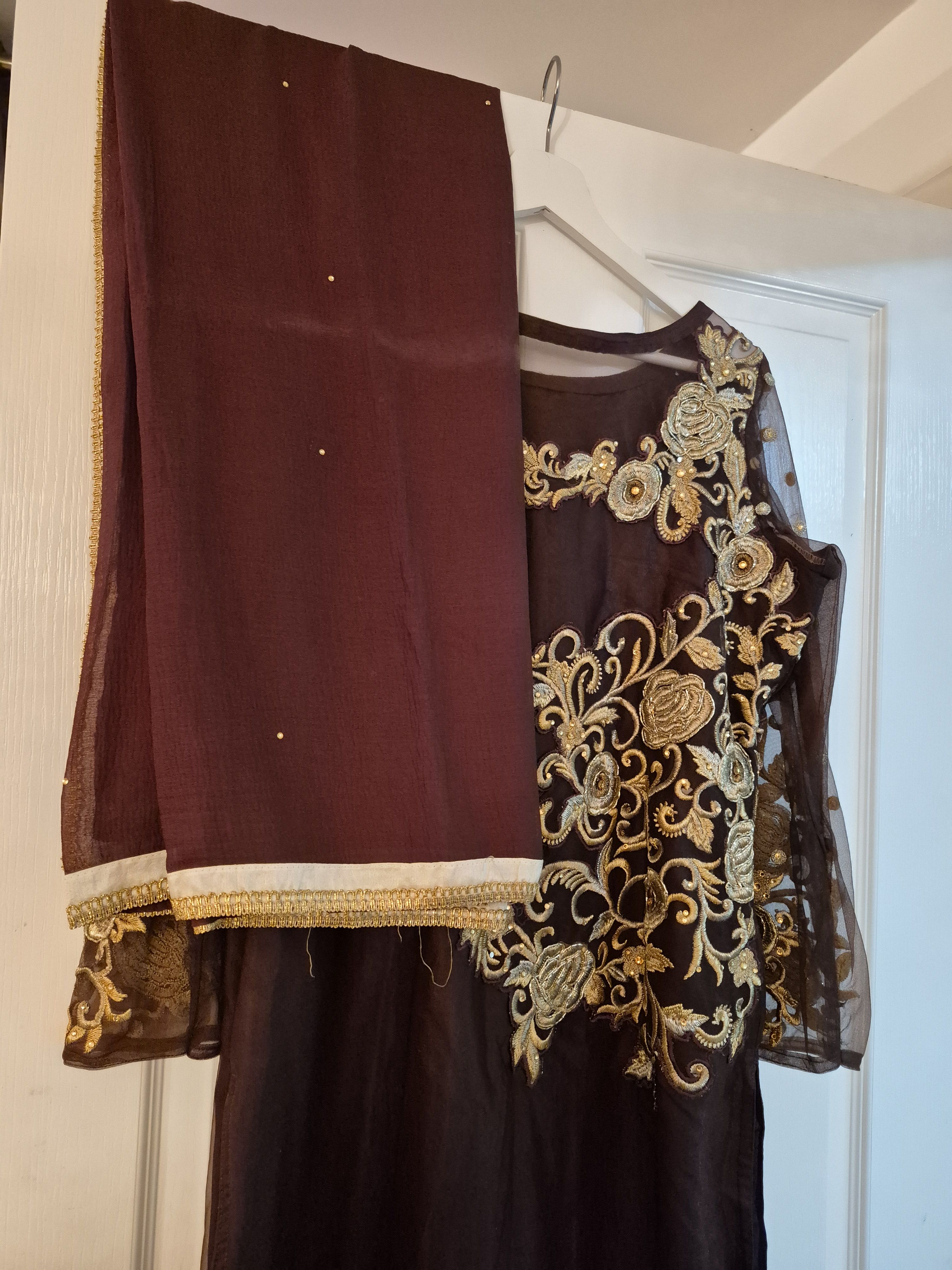 Brown Anarkali Dress with Gold Floral Embroidery - Image 5