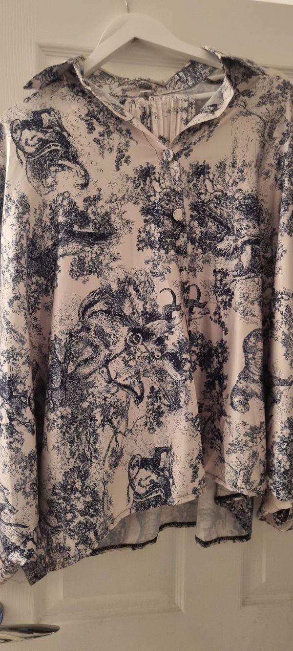White and Blue Toile Print Button-Up Blouse with Pleated wide leg pant
