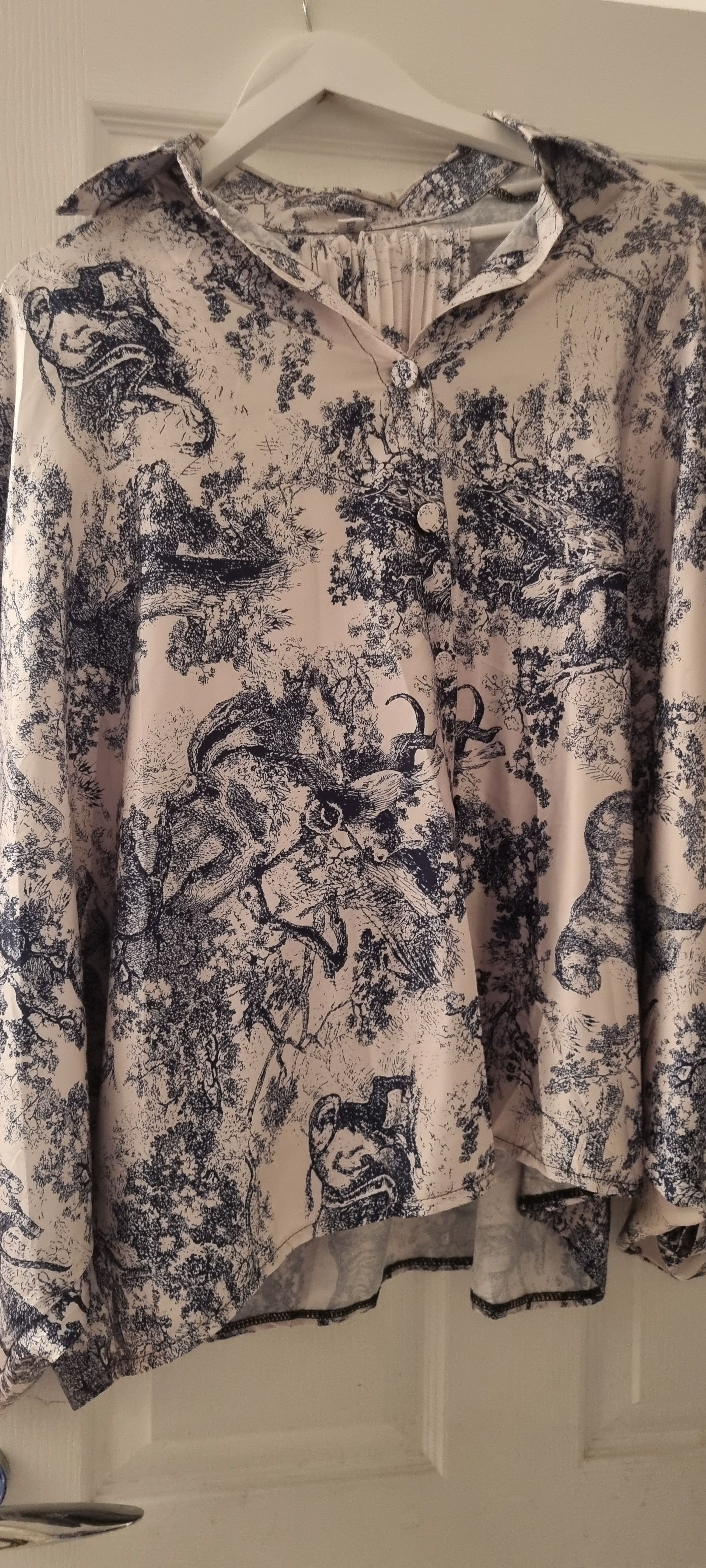 White and Blue Toile Print Button-Up Blouse with Pleated wide leg pant