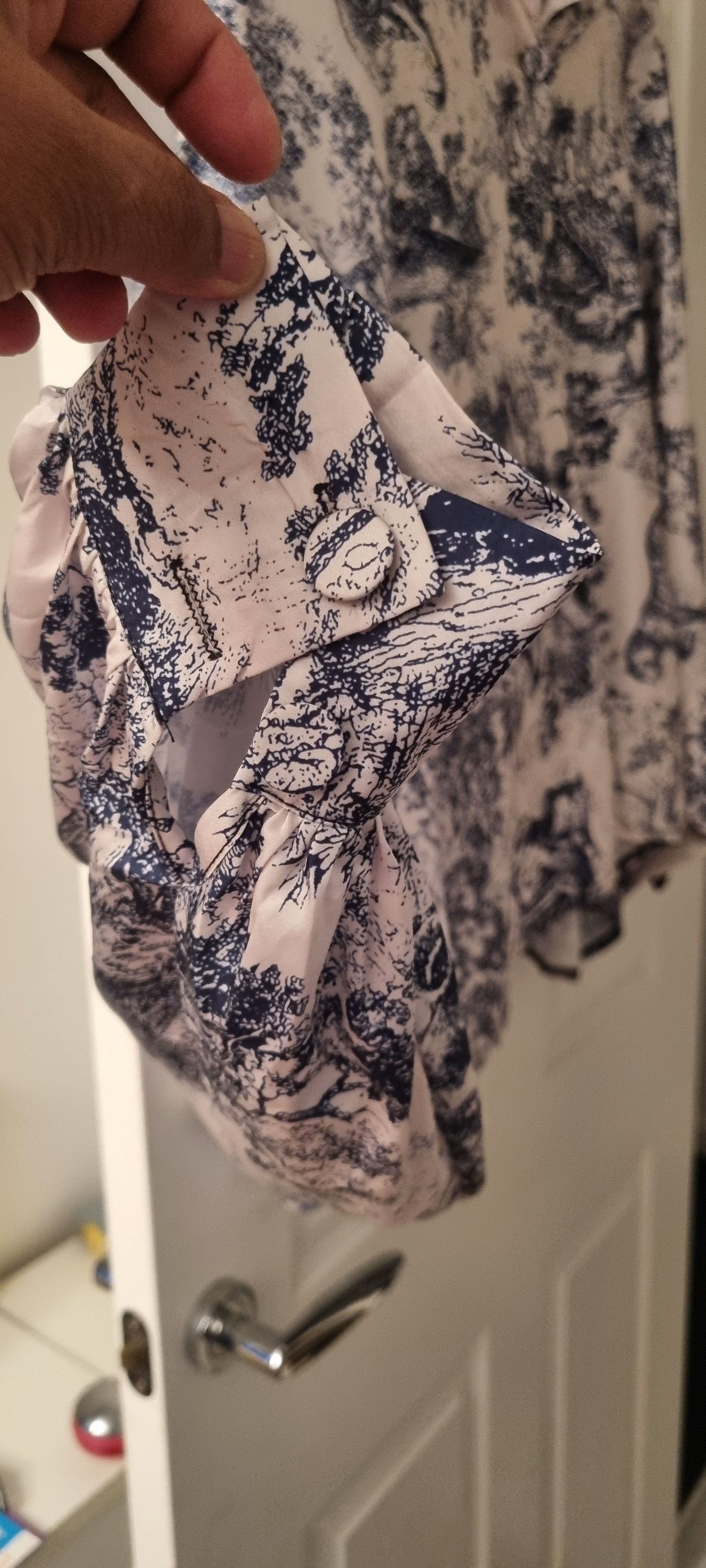 White and Blue Toile Print Button-Up Blouse with Pleated wide leg pant - Image 2