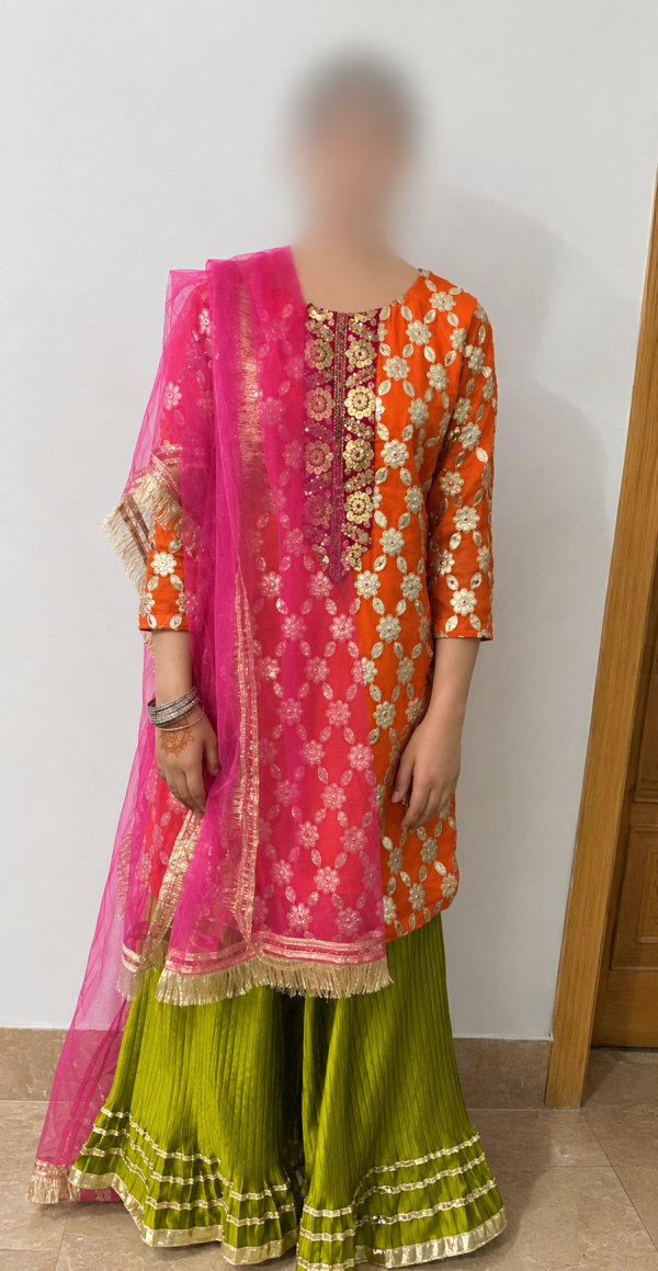 Orange & Pink Brocade Sharara Set with Net Dupatta