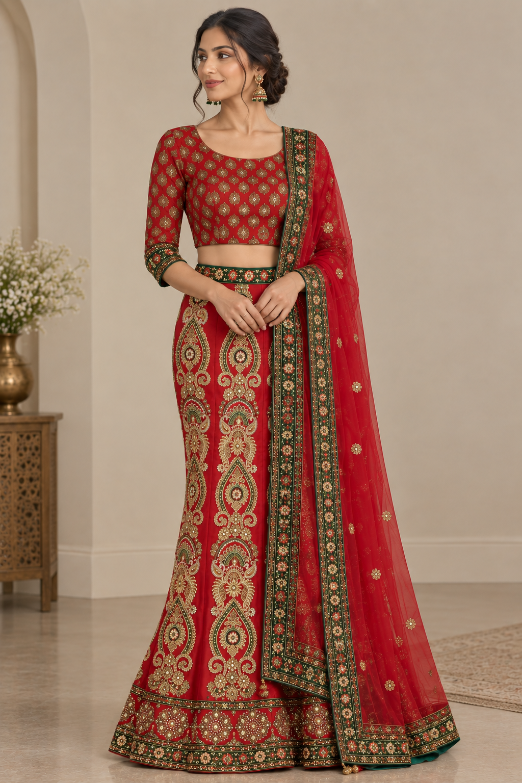 Bridal Lehenga with Gold, Red & Green Embroidery - Image 11