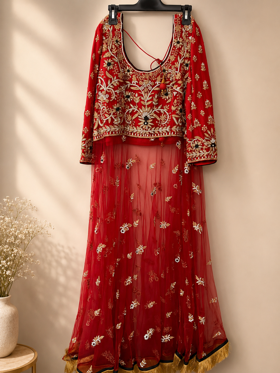 Red Bridal Lehenga with Gold Embroidery and Tassels - Image 3