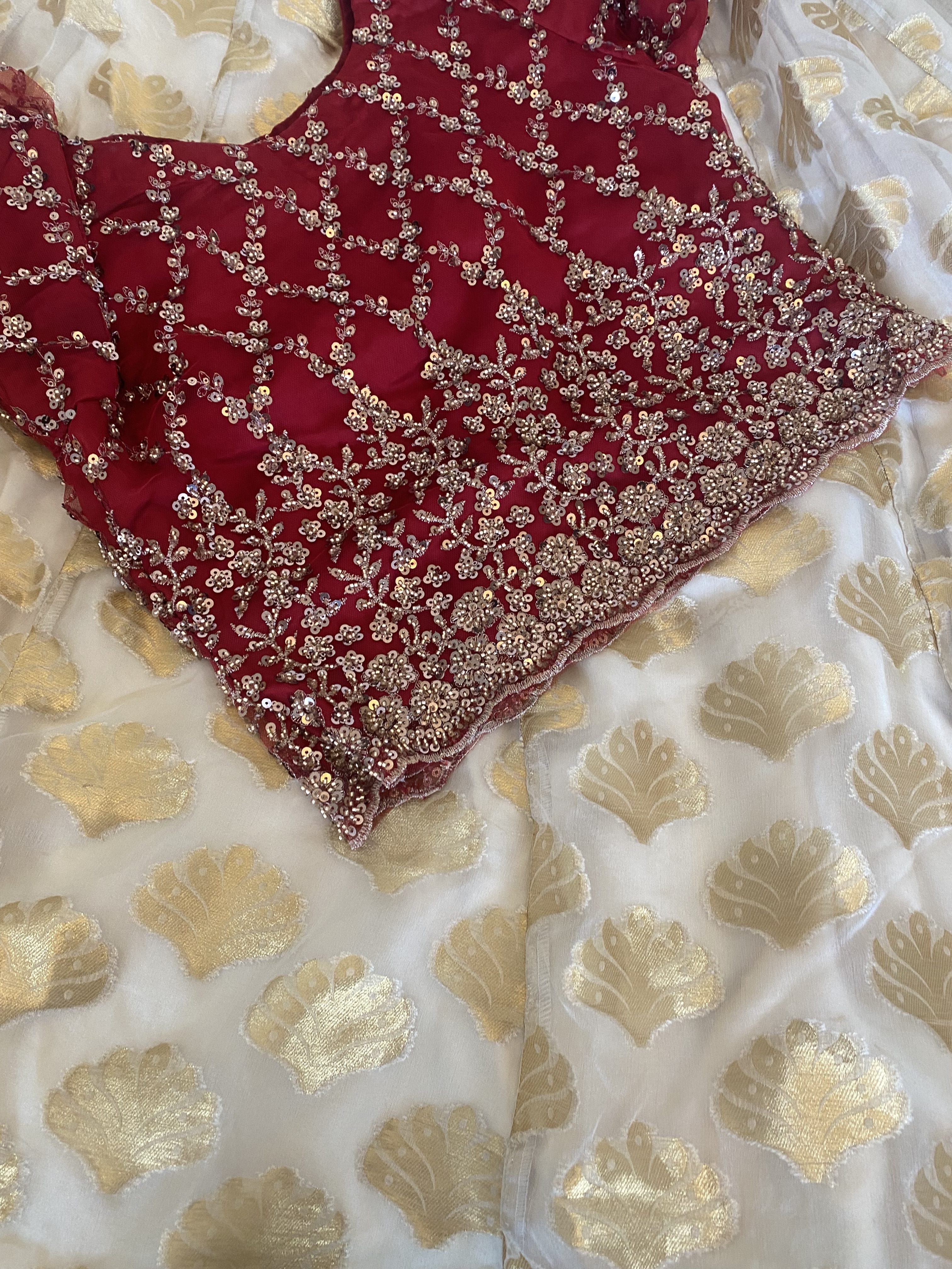 Gold Brocade Lehenga Skirt with Red Embellished Choli - Image 2