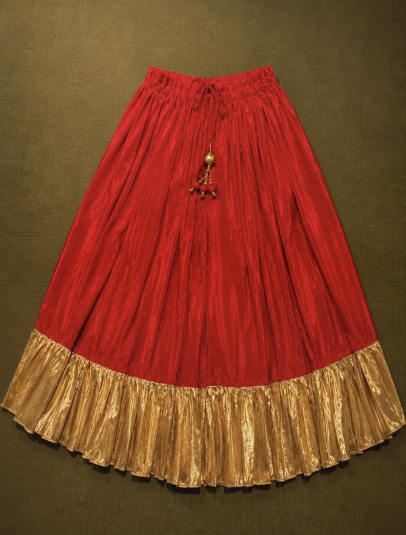 Red Bridal Lehenga with Gold Embroidery and Tassels - Image 6
