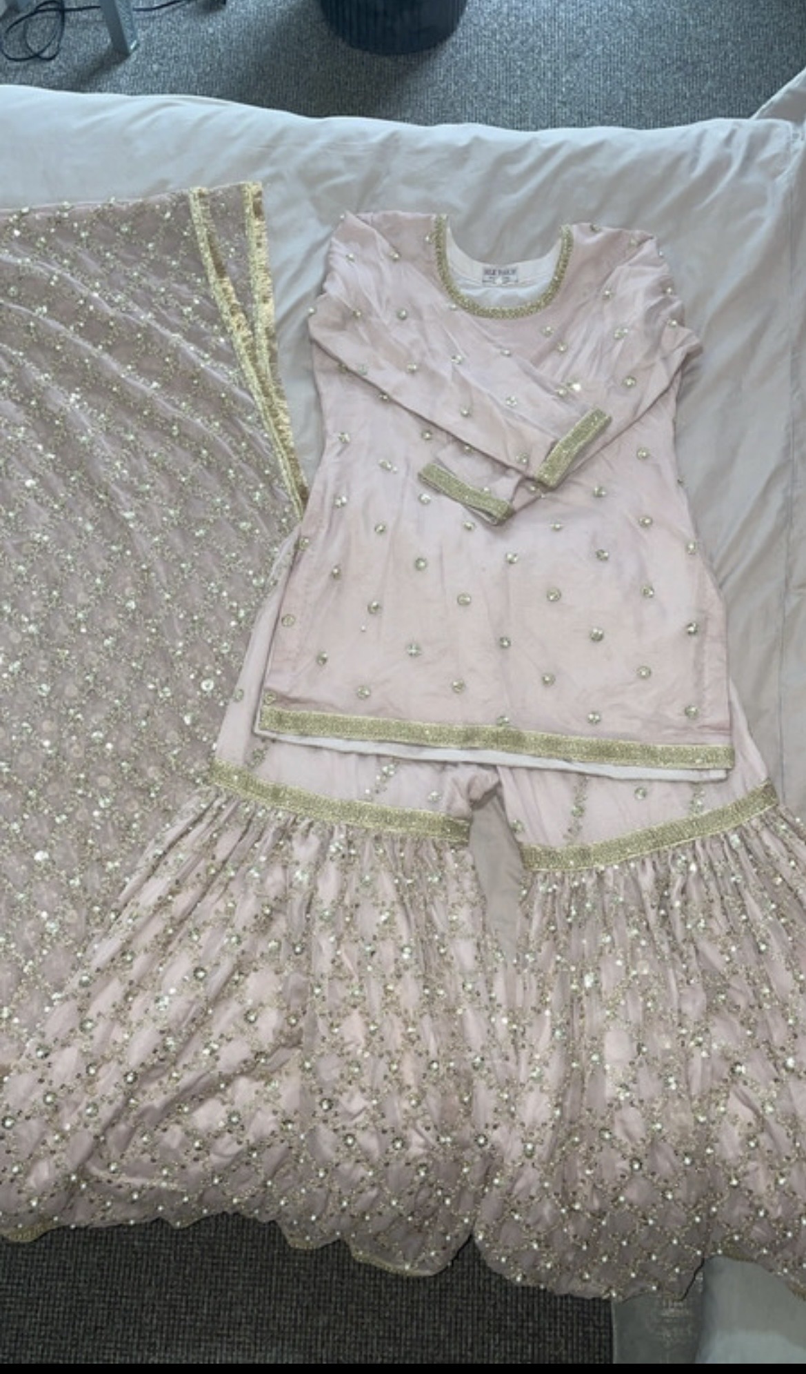 Powder Pink Sharara Set with Gold Embellishments - Image 5
