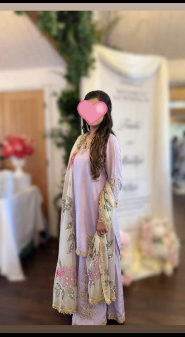Lilac Kameez and Gharara with flower patterned scarf