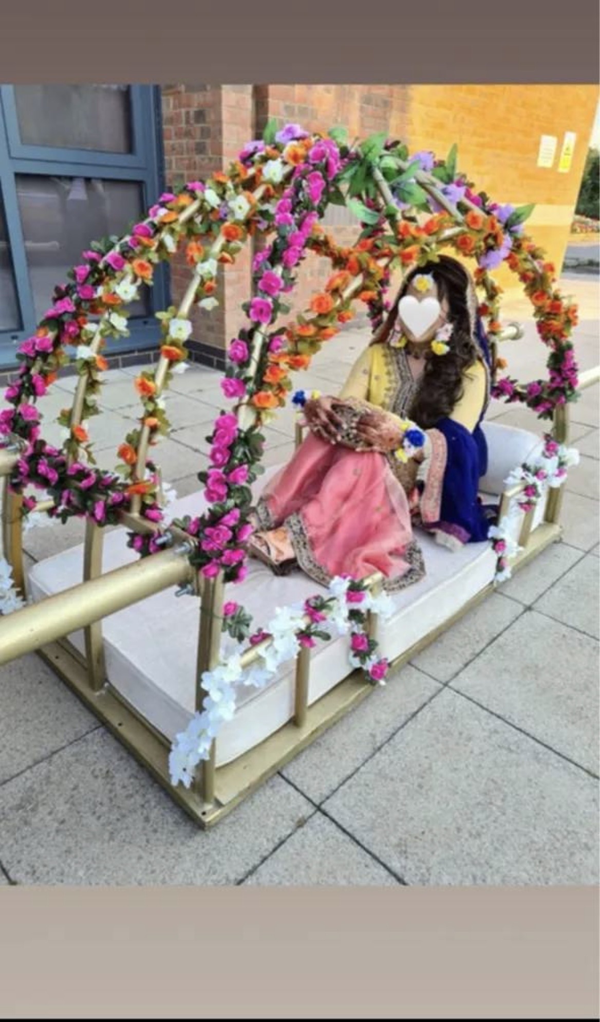 Three piece mehndi bridal outfit with floral jewellery - Image 2
