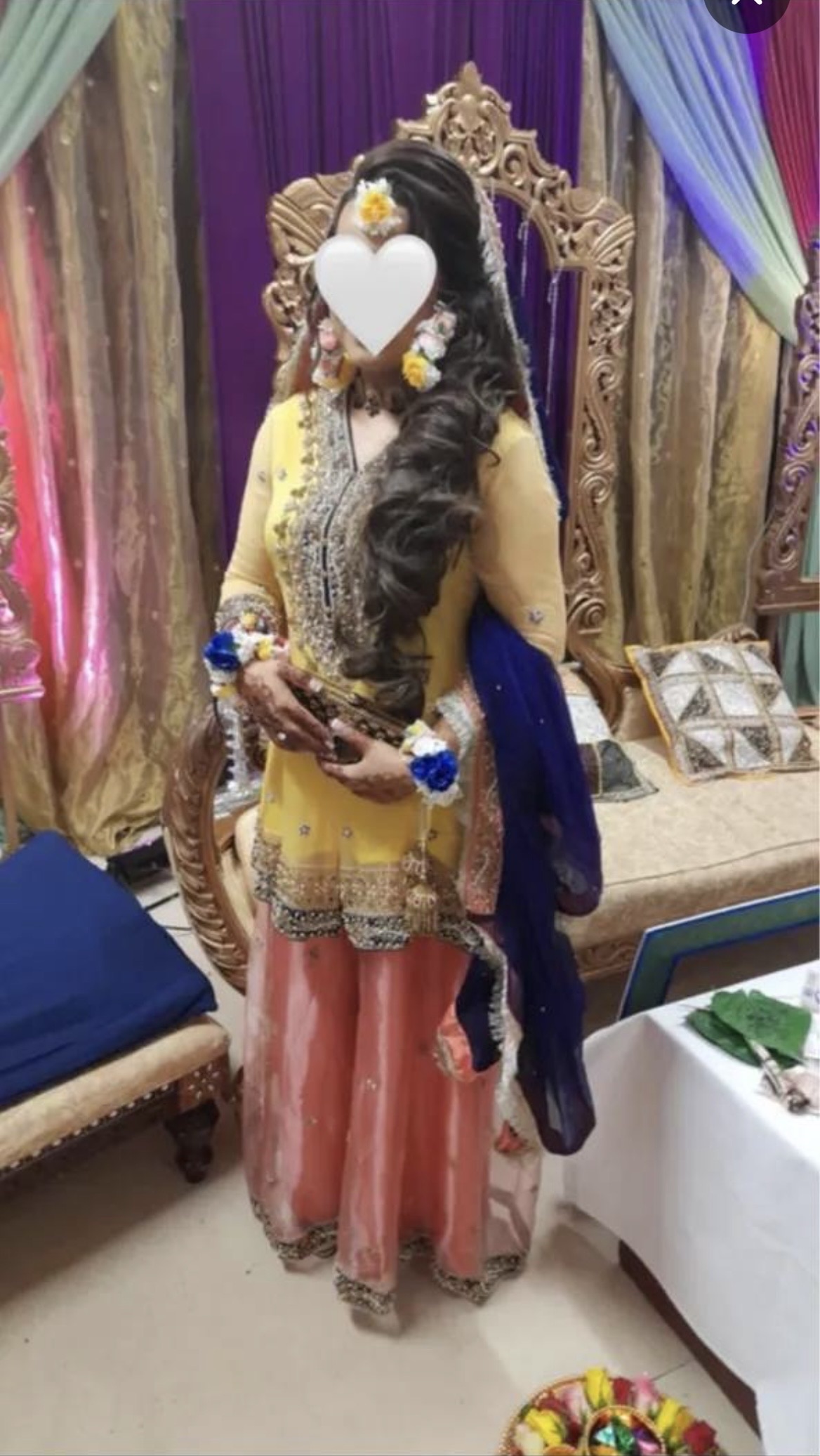 Three piece mehndi bridal outfit with floral jewellery - Image 3