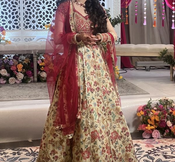 Cream Floral Print Lehenga Skirt with Pink Embellished Choli and Dupatta