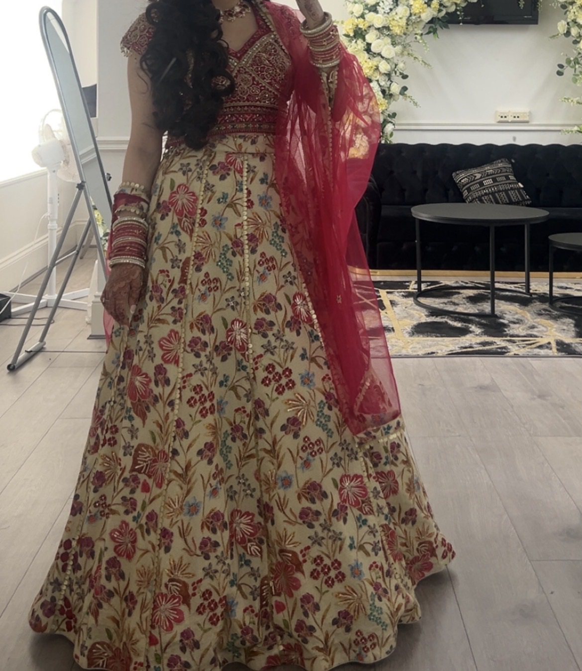 Cream Floral Print Lehenga Skirt with Pink Embellished Choli and Dupatta - Image 4