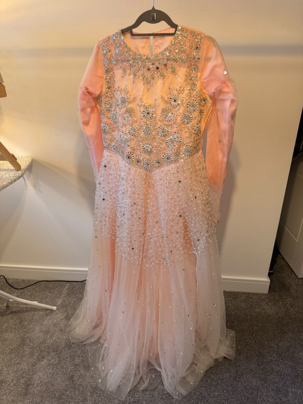 Baby Pink Embellished Asian Formal Gown – Silver Stones, Pearls & Mirror Work – Unworn