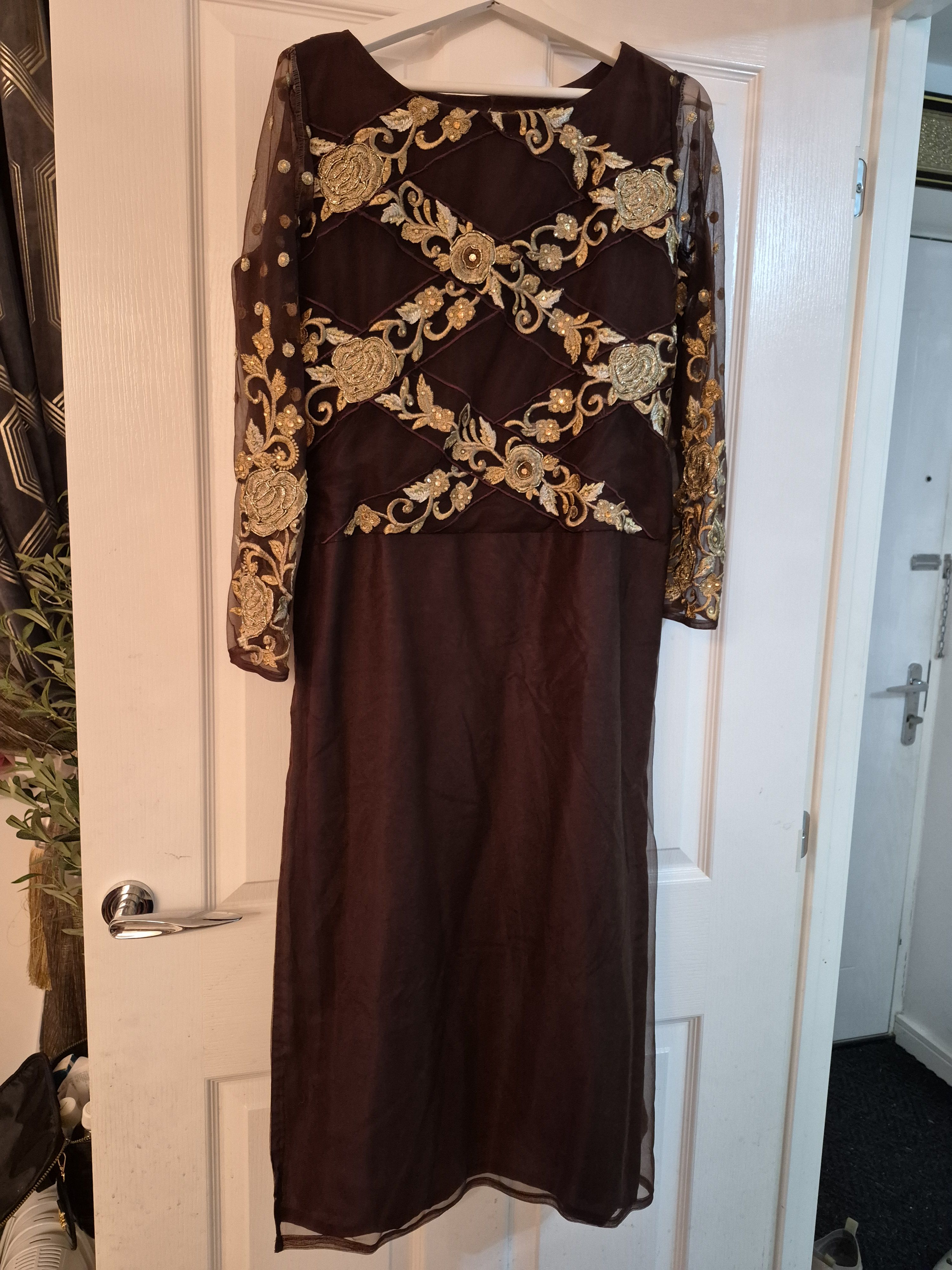 Brown Anarkali Dress with Gold Floral Embroidery - Image 2