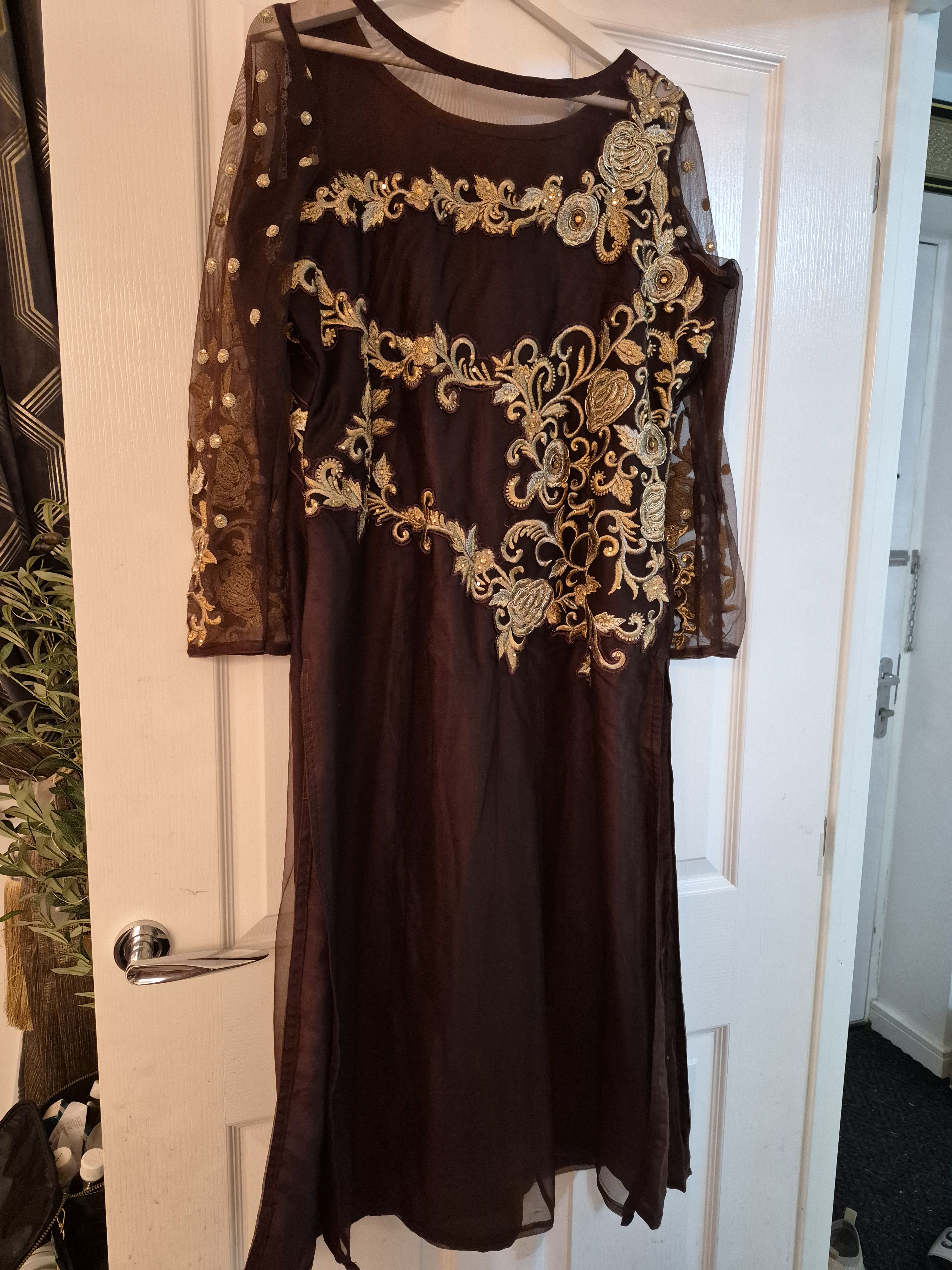 Brown Anarkali Dress with Gold Floral Embroidery - Image 4