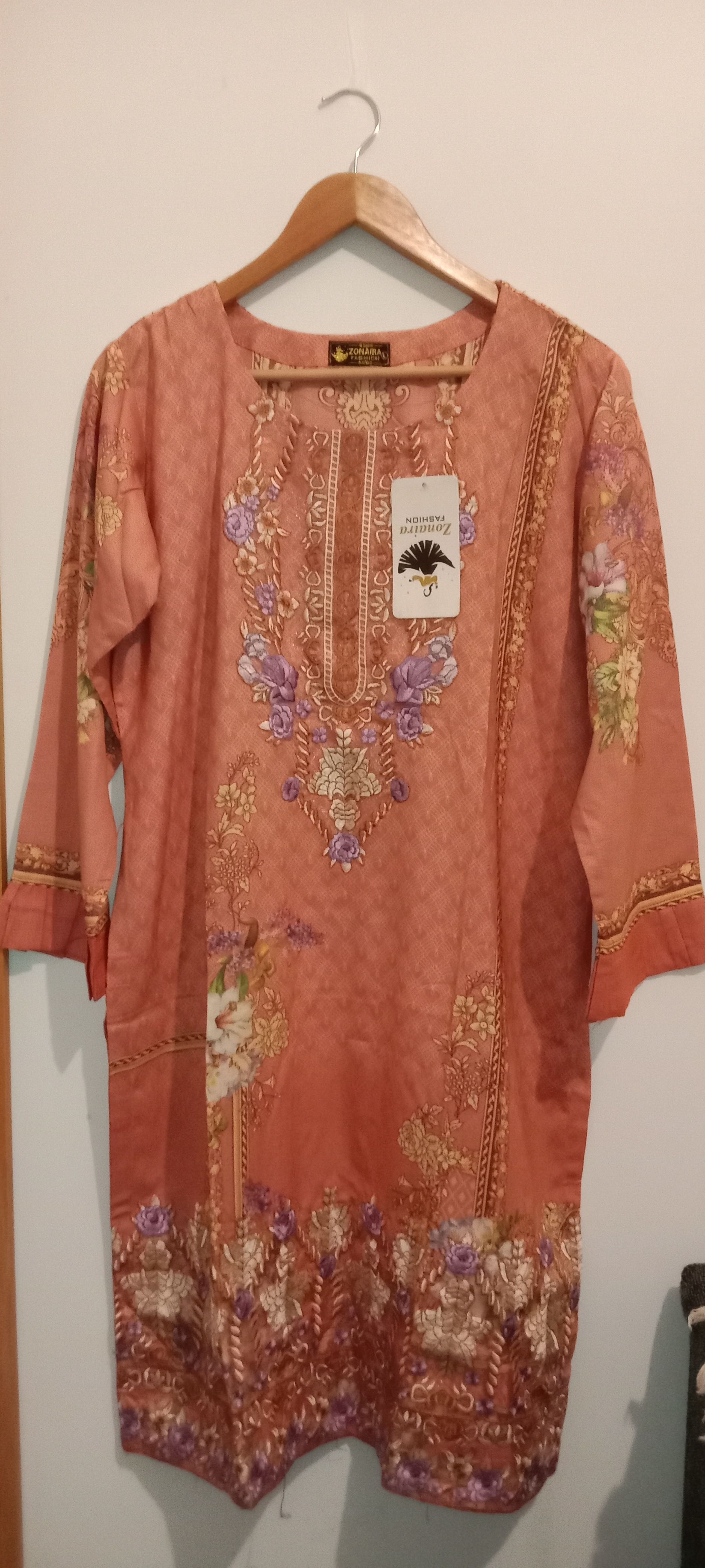 Asian suit Peach Printed with Floral Embroidery - Image 2
